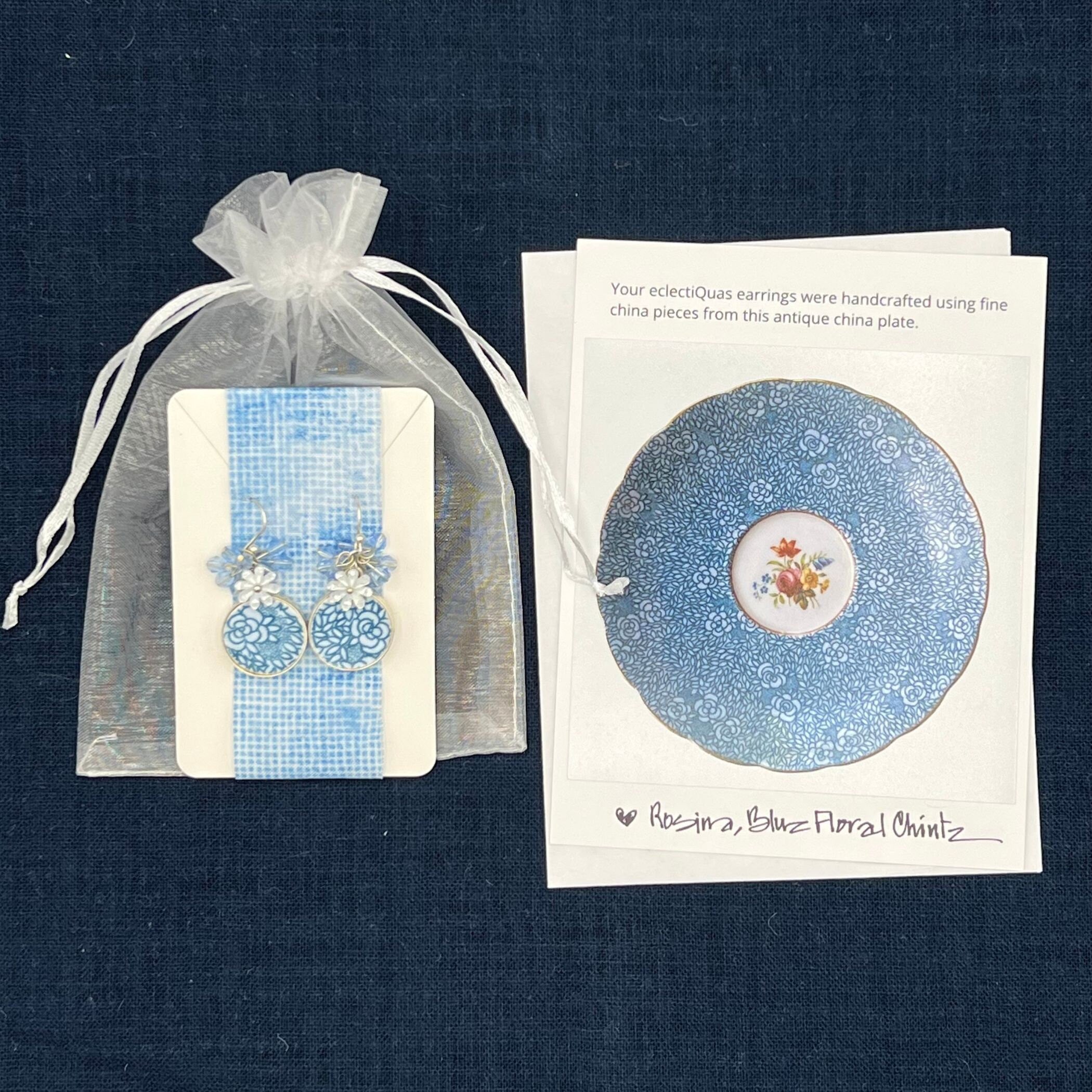 Dainty Blue Floral Chintz China Earrings handmade with Upcycled Porcelain, Tiny White Flowers & Pale Blue Swarovskis, Broken China Jewelry