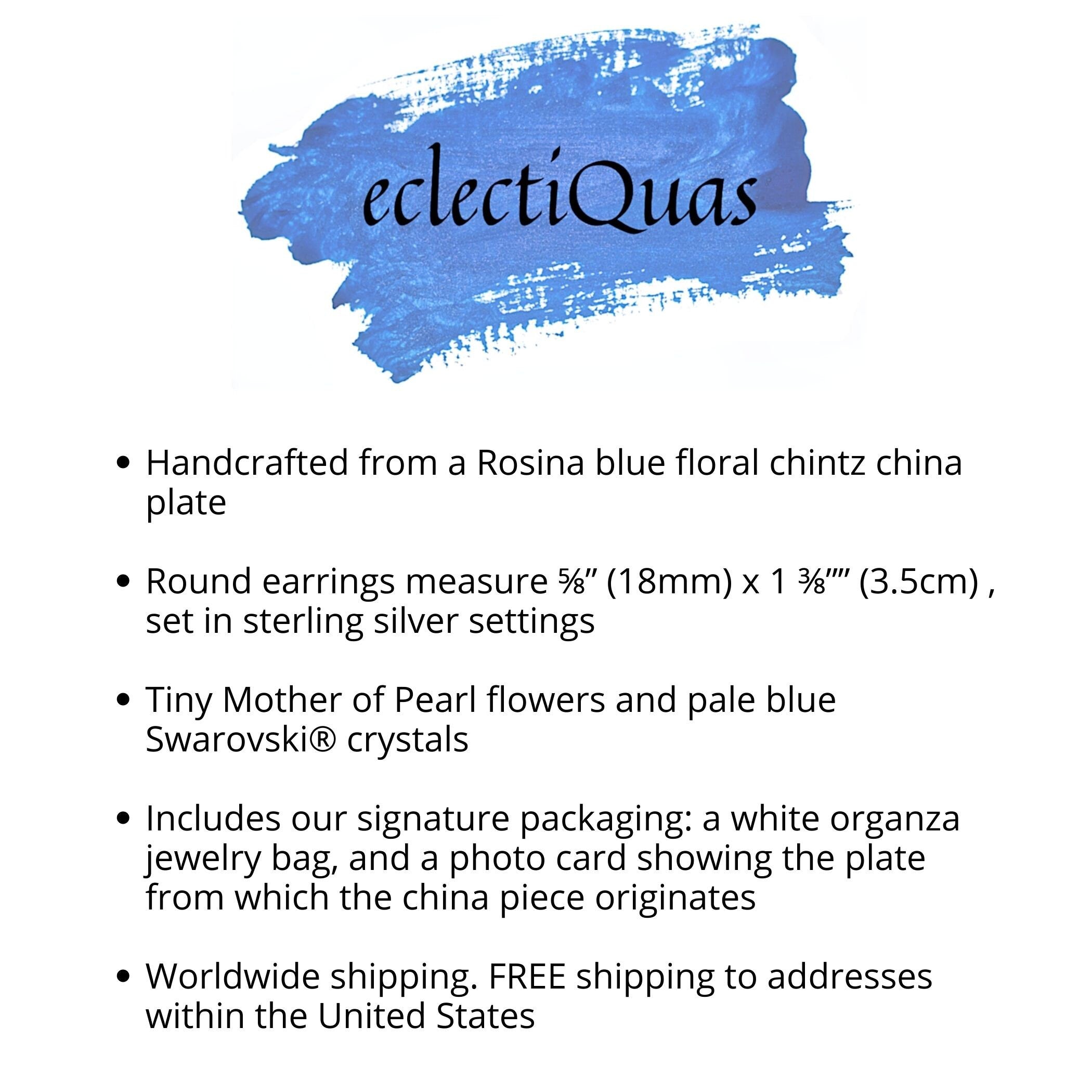 Dainty Blue Floral Chintz China Earrings handmade with Upcycled Porcelain, Tiny White Flowers & Pale Blue Swarovskis, Broken China Jewelry