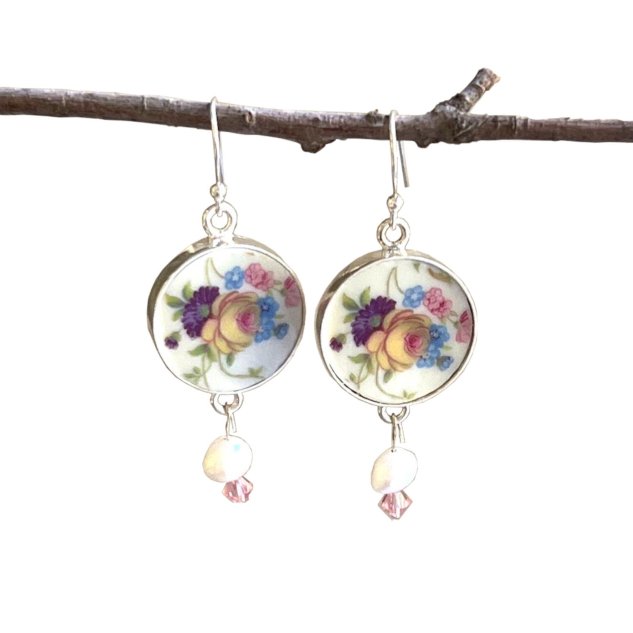 Dainty Floral China Earrings handmade with Upcycled Mitterteich Bavaria China & Fine Pearl Dangle, Vintage Broken China Jewelry Gift for Her