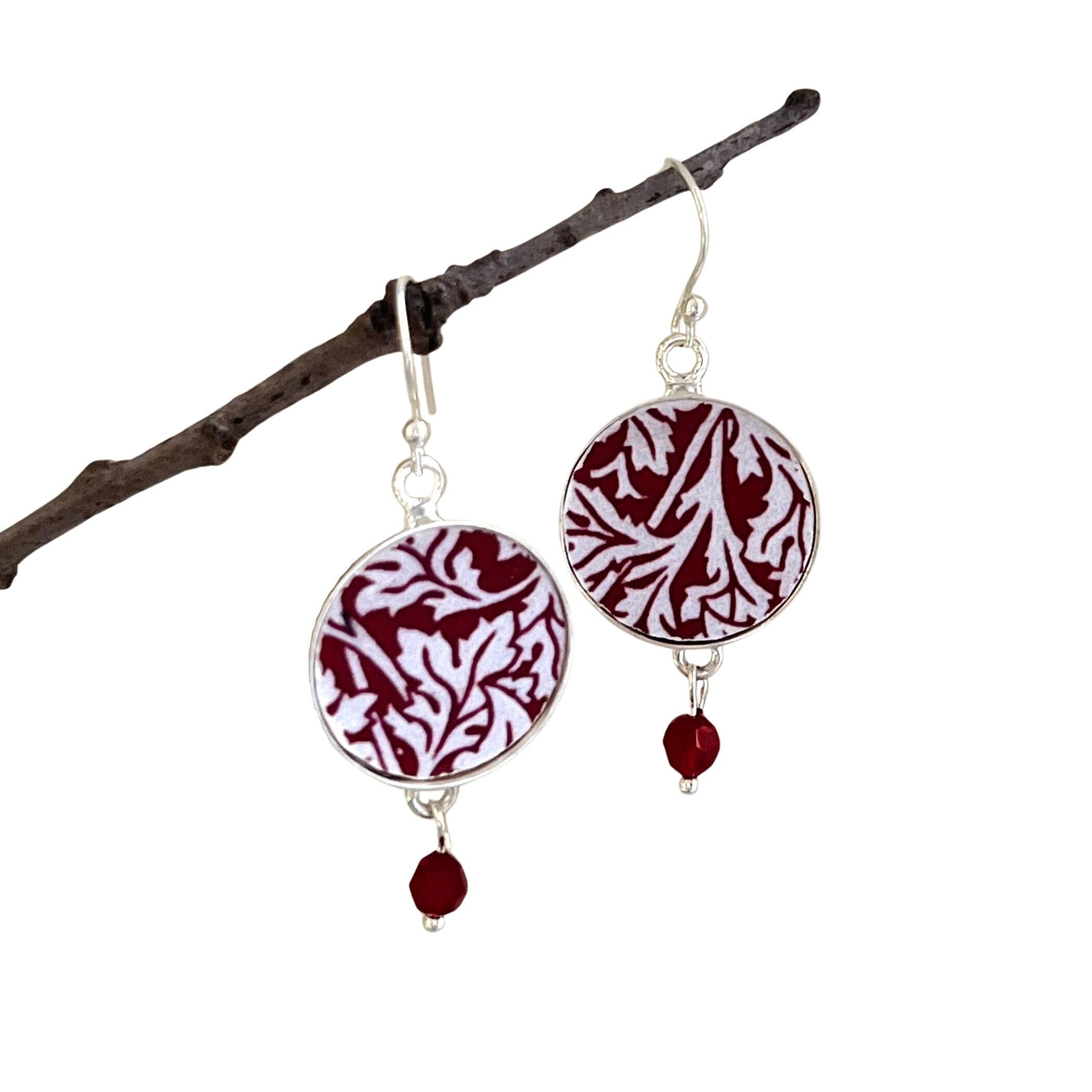 William Morris Art Deco Porcelain Earrings handmade with Upcycled China, Fine Red and White Christmas Broken China Jewelry Gift for Her