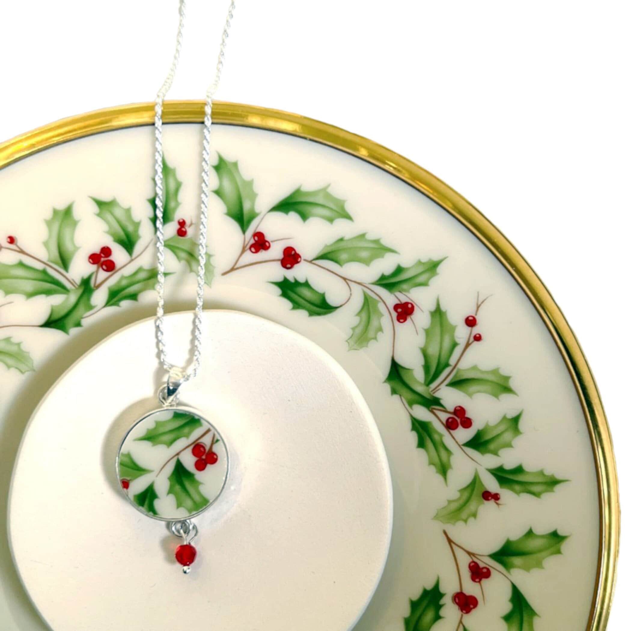 Lenox Holiday China Necklace handmade with Vintage Holly Leaf China & Tiny Red Swarovski, Christmas Broken China Jewelry Gift for Her