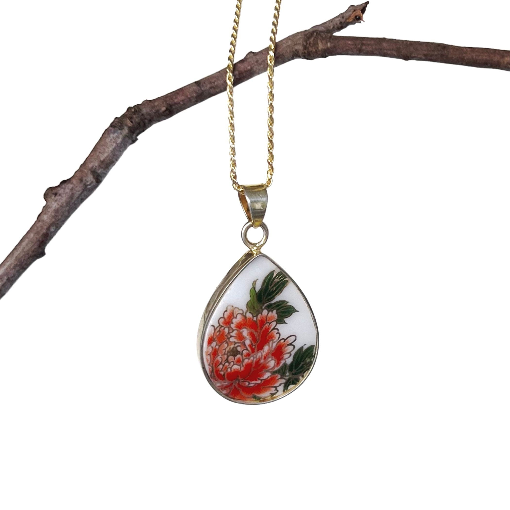 Elegant Red Peony Necklace handmade with Upcycled Porcelain & Fine Gold Teardrop, One of a Kind Asian Floral China Jewelry Gift for Women