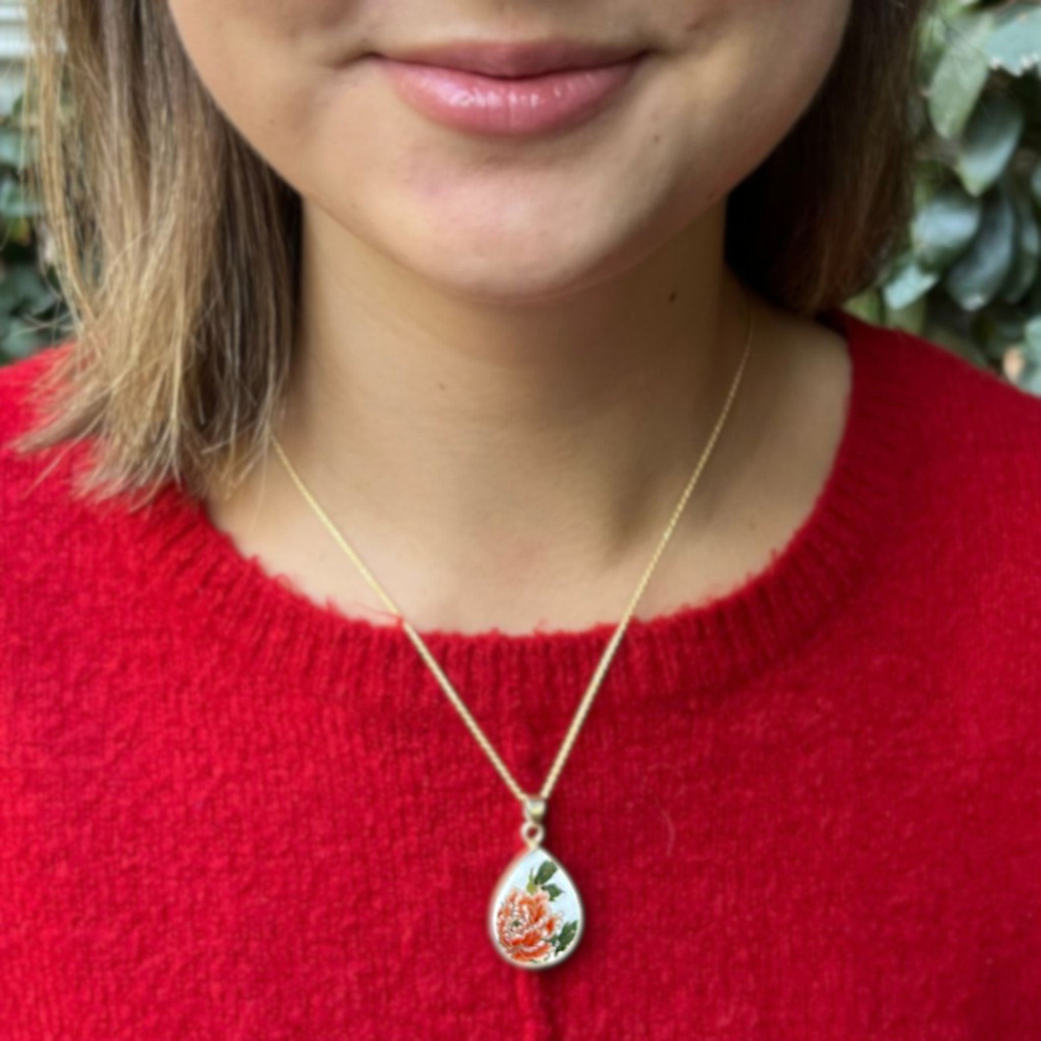 Elegant Red Peony Necklace handmade with Upcycled Porcelain & Fine Gold Teardrop, One of a Kind Asian Floral China Jewelry Gift for Women