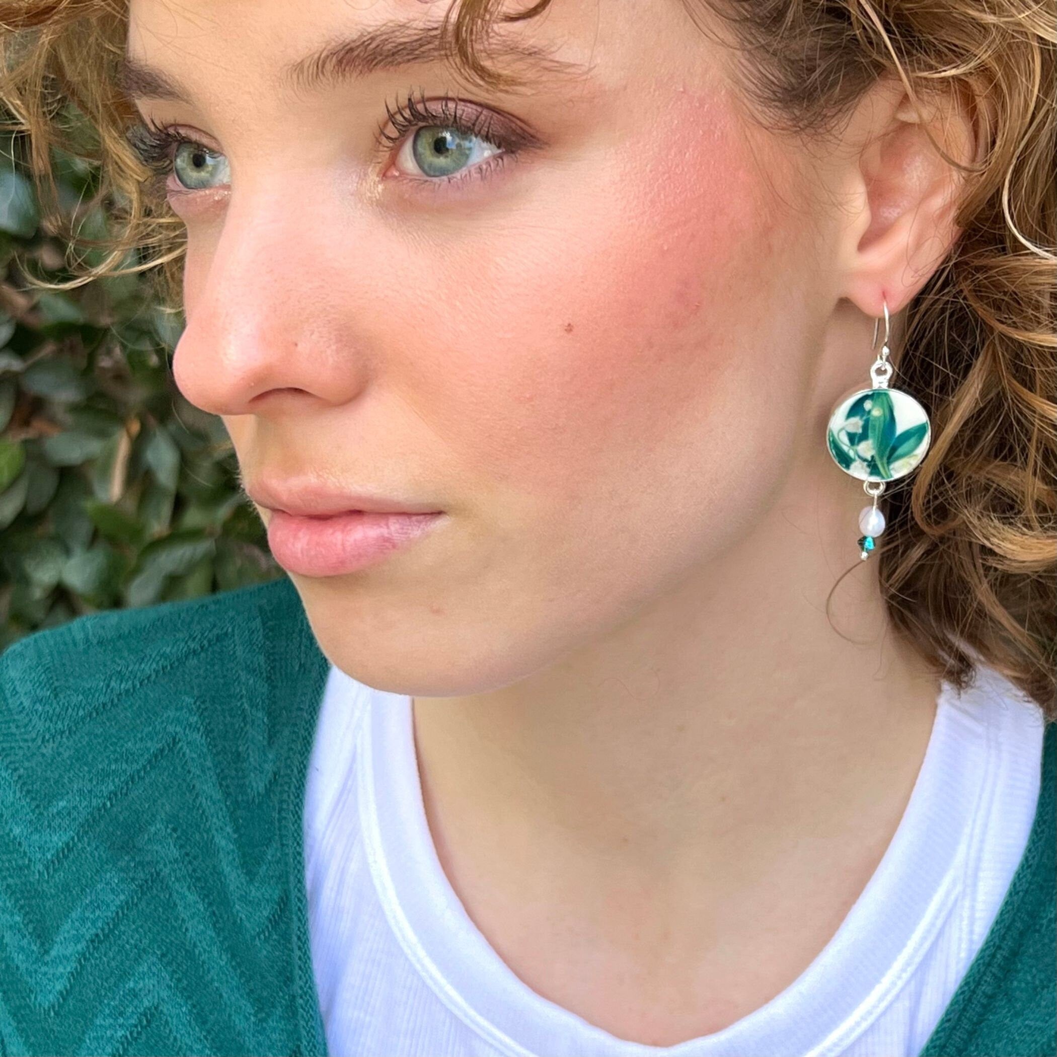 Vintage Lily of the Valley China Earrings handmade with Repurposed China & Emerald Swarovski, Broken China Jewelry for Her May Birthday Gift