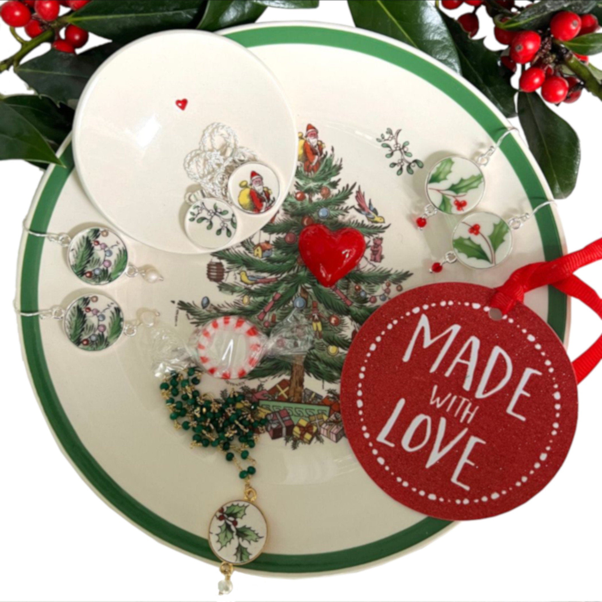 Mistletoe China Ring handmade with Spode Christmas Tree China & Sterling Silver Adjustable Ring, Broken China Jewelry Christmas Gift for Her