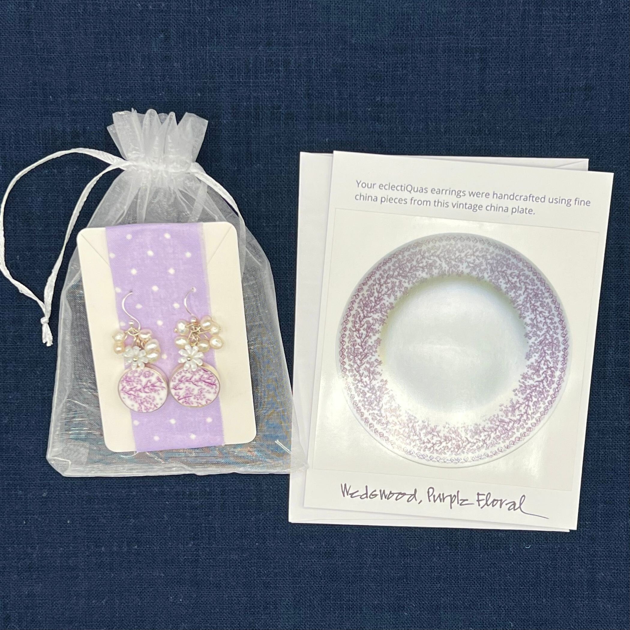 Dainty Purple Floral China Dangle Earrings handmade with Wedgwood China & Freshwater Pearl Clusters, Broken China Jewelry Gift for Women