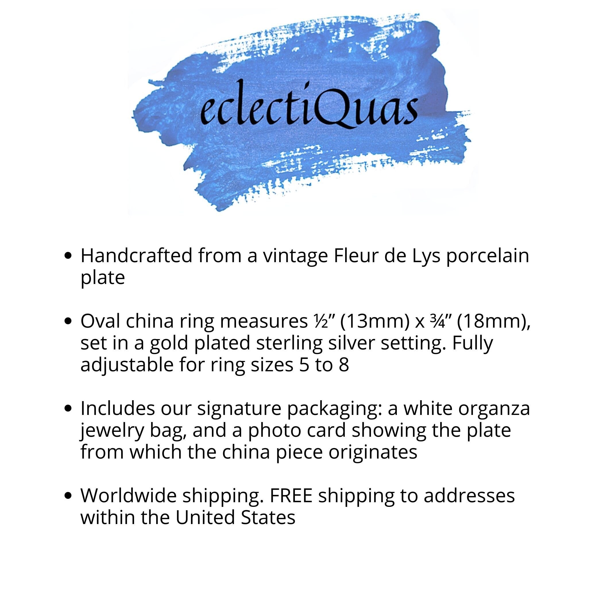 Gold Fleur de Lis Ring handmade with Repurposed China, Bijoux Art Deco Porcelain Ring, Vintage French Heraldry China Jewelry Gift for Women