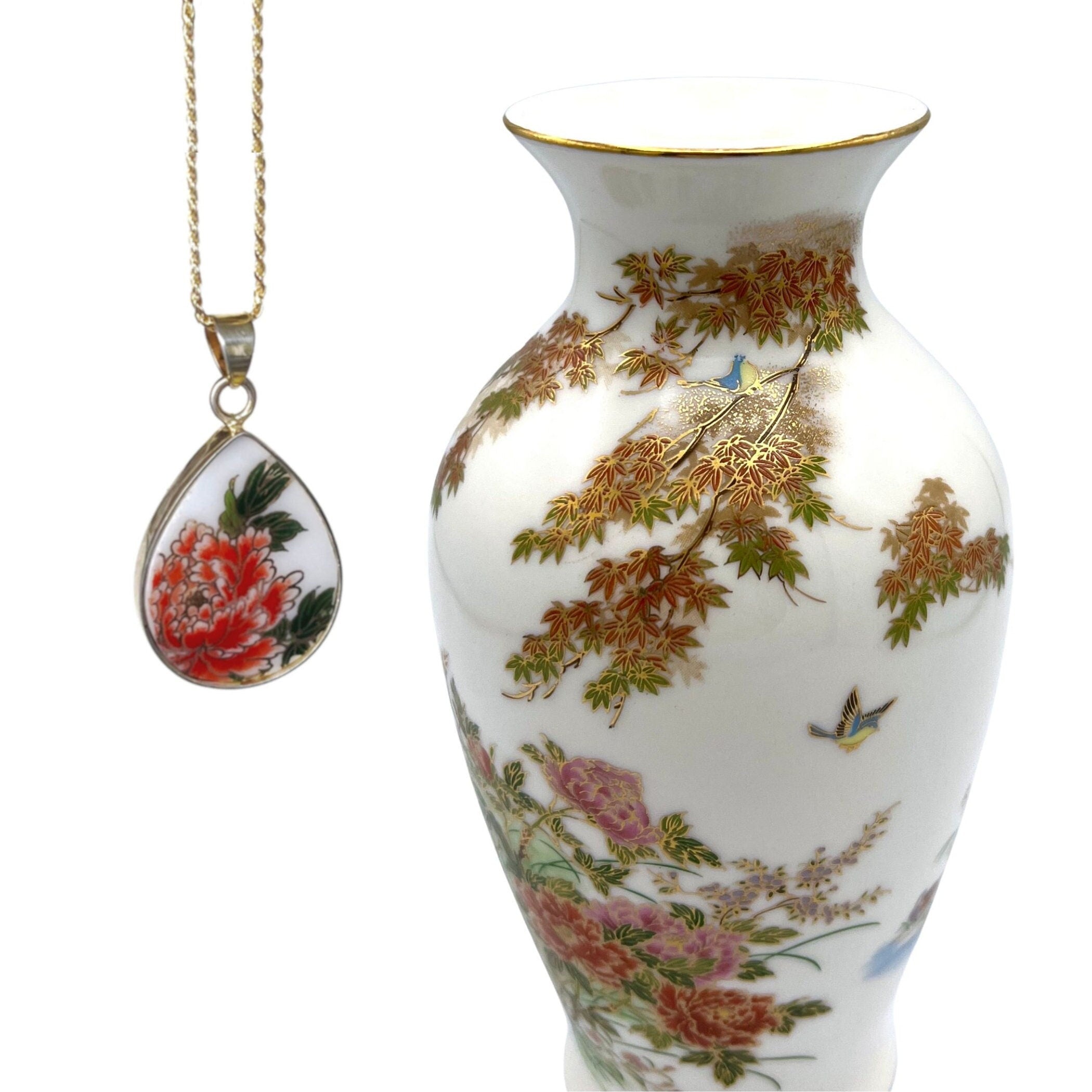 Elegant Red Peony Necklace handmade with Upcycled Porcelain & Fine Gold Teardrop, One of a Kind Asian Floral China Jewelry Gift for Women