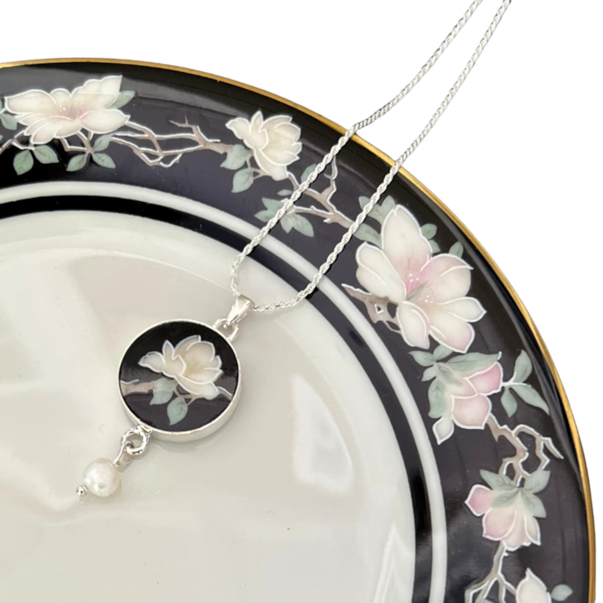 Elegant Black Chinoiserie China Necklace with Upcycled Porcelain Floral Pendant, White Water Lily Broken China Jewelry Gift for Women