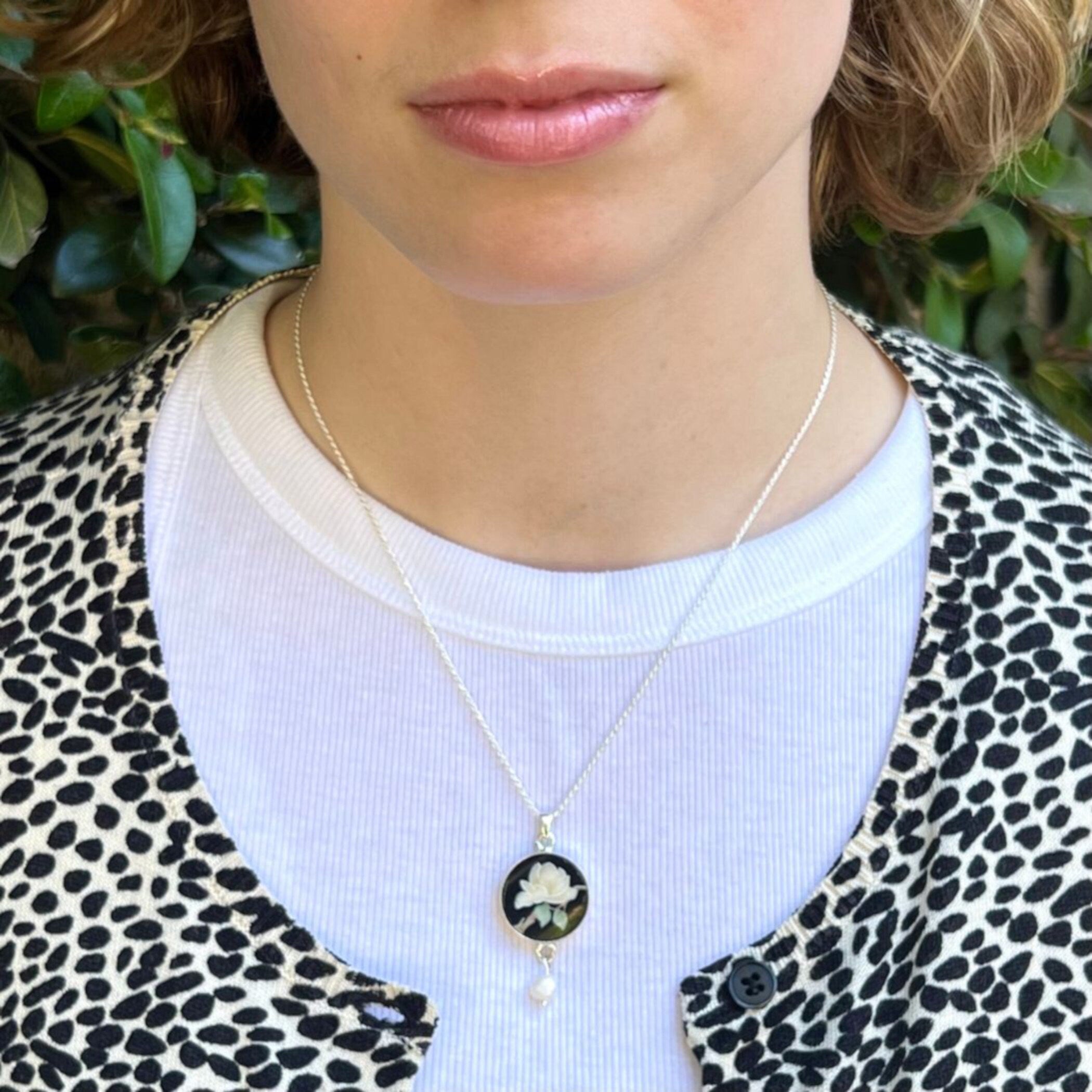 Elegant Black Chinoiserie China Necklace with Upcycled Porcelain Floral Pendant, White Water Lily Broken China Jewelry Gift for Women