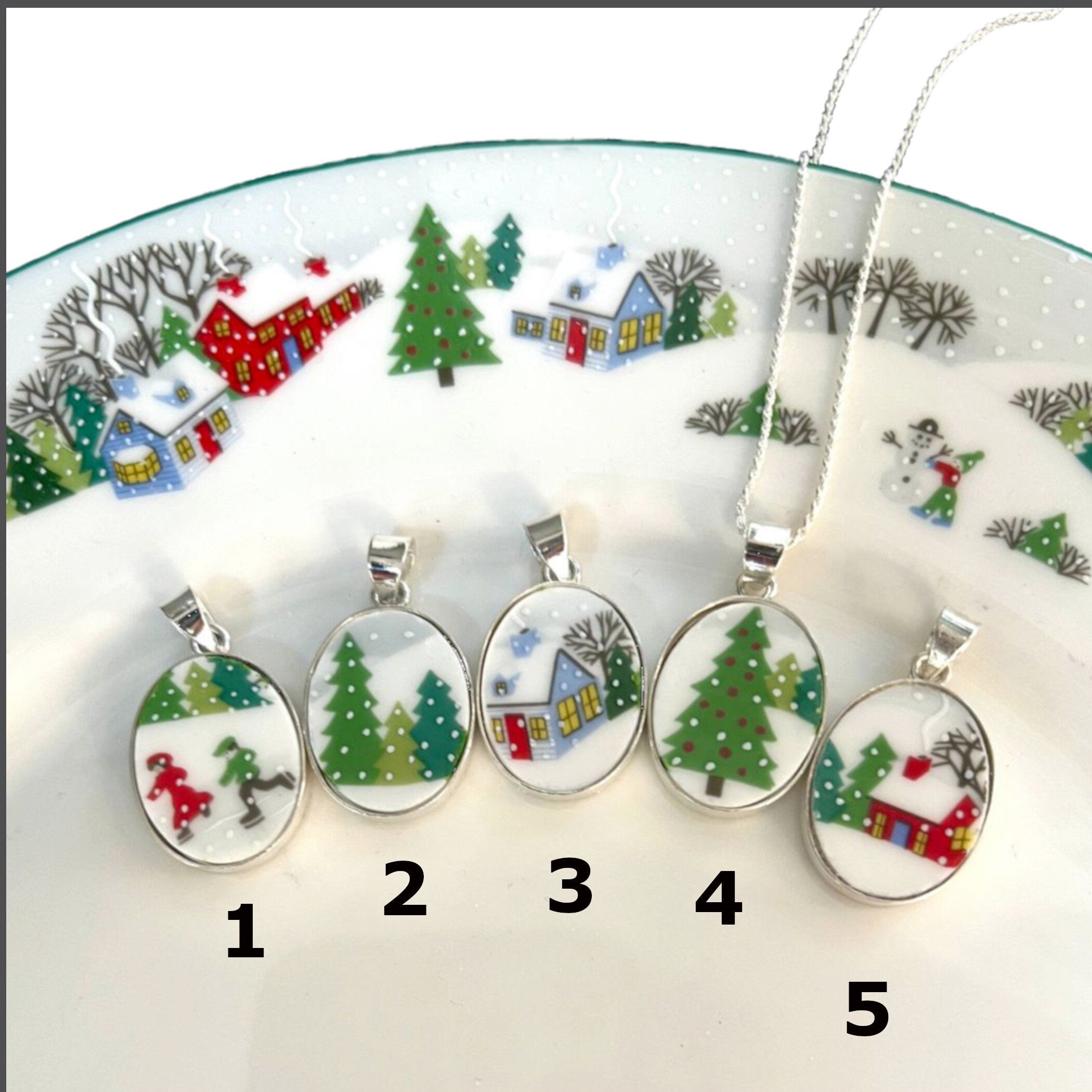 Christmas Broken China Jewelry Necklaces handmade with Upcycled Lenox Sleighride China, Unique Lenox Holiday China Pendant Gifts for Women