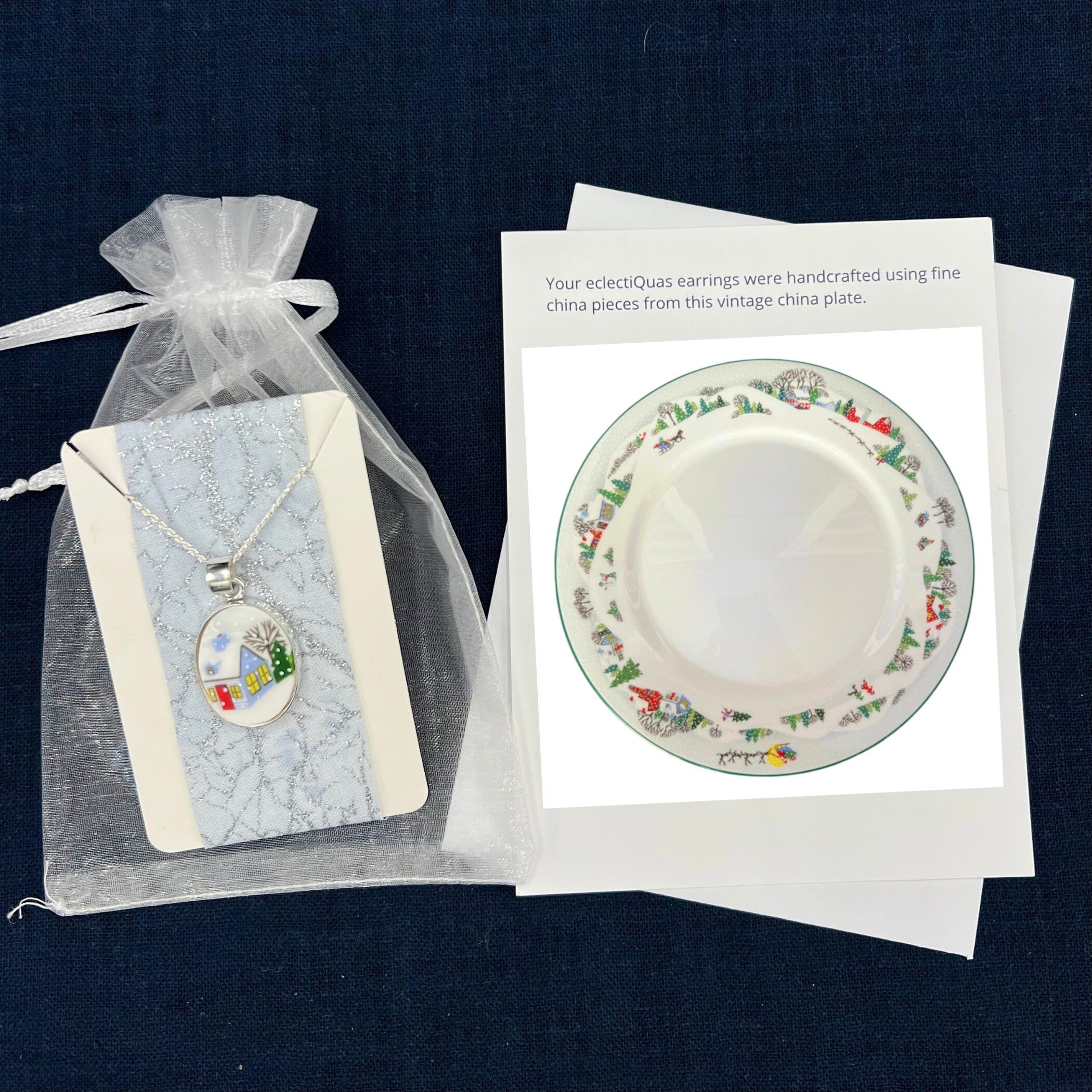 Christmas Broken China Jewelry Necklaces handmade with Upcycled Lenox Sleighride China, Unique Lenox Holiday China Pendant Gifts for Women