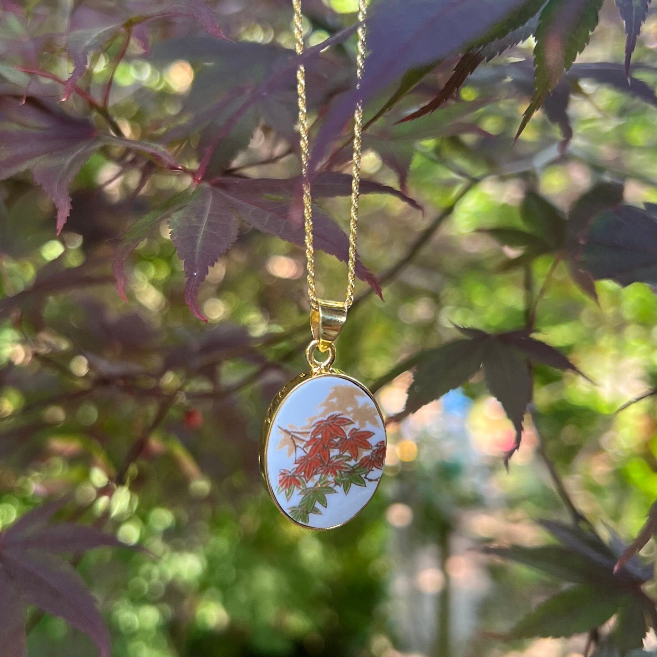 Autumn Maple Leaf Porcelain Necklace handmade from an Upcycled Japanese Imari Porcelain Vase, Fall Birthday China Jewelry Gift for Women