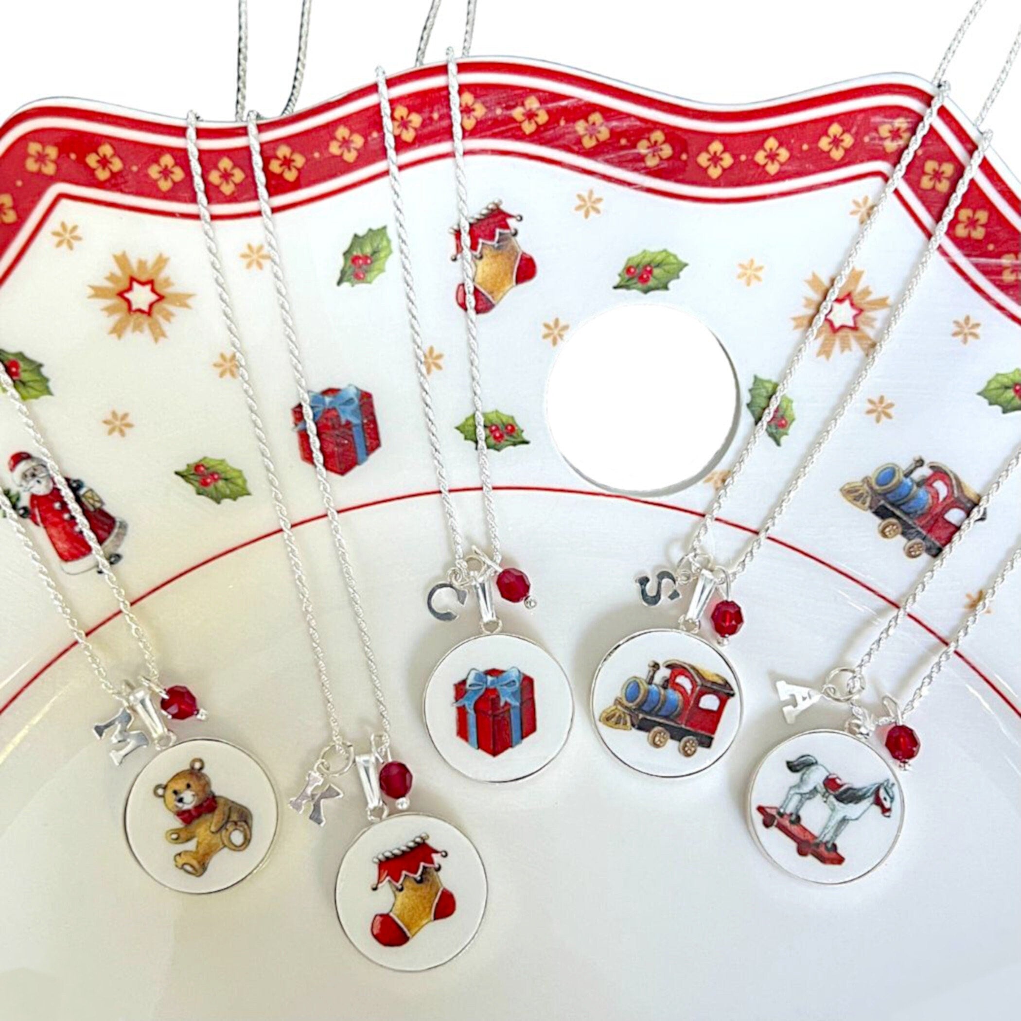 Christmas Broken China Jewelry Necklace handmade with Upcycled Villeroy and Boch Toy Delight China & Sterling Silver Initial Letter Charms