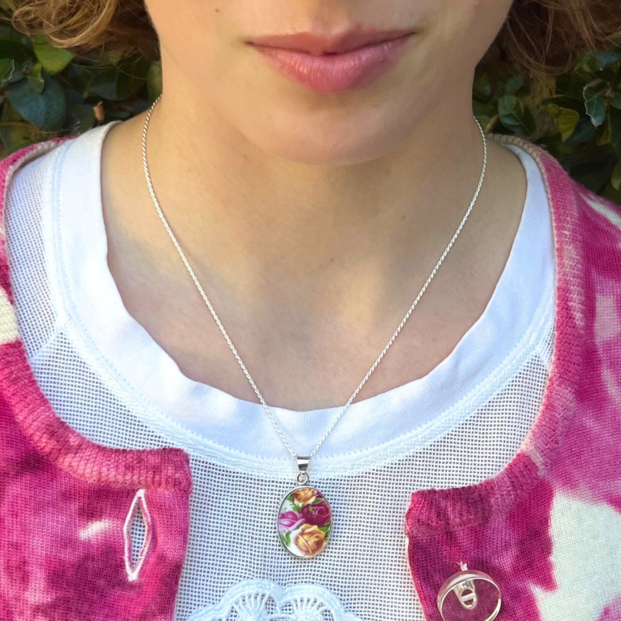 Vintage Royal Albert Old Country Roses China Necklace handmade with Peach Damask China, Valentines Day OCR Broken China Jewelry Gift for Her