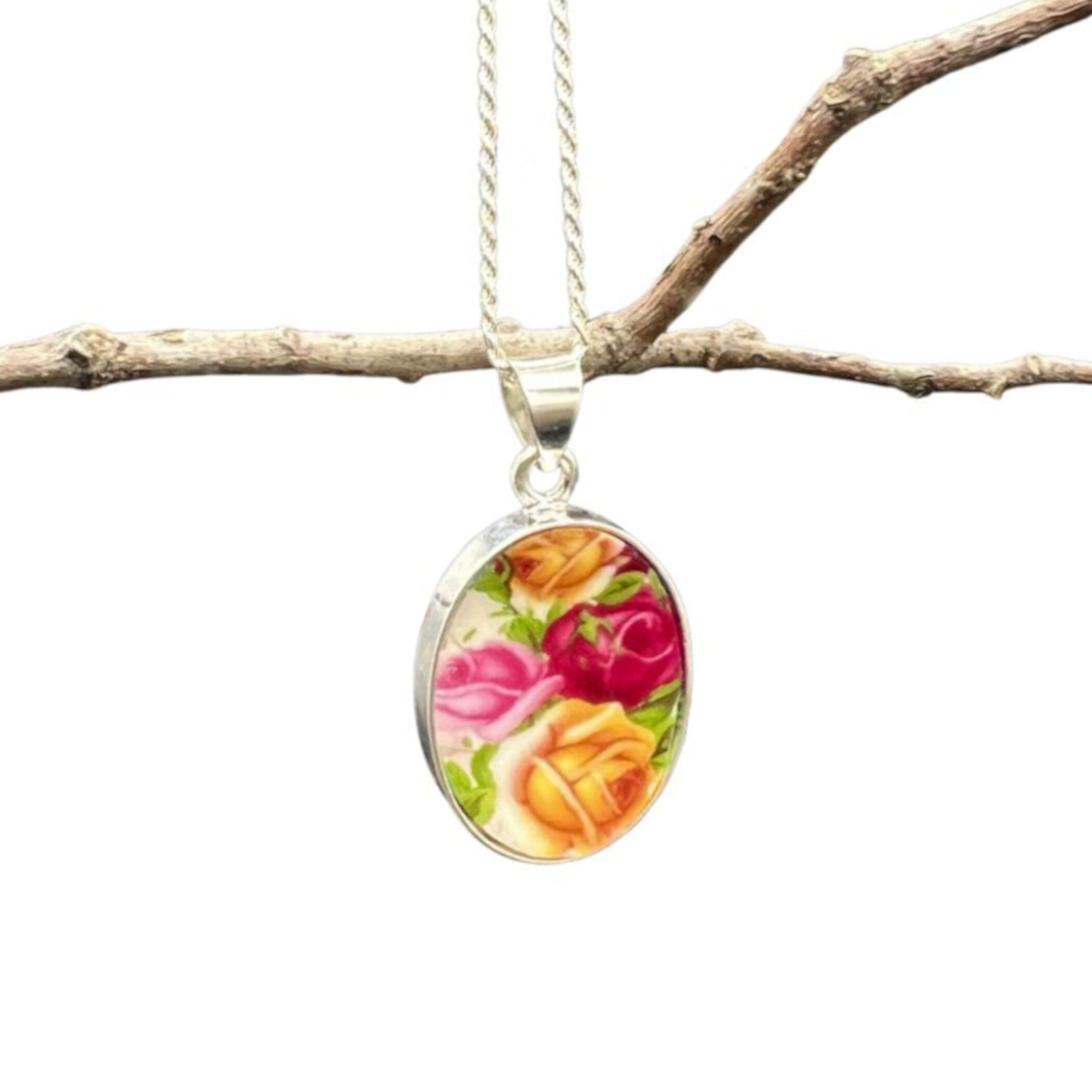 Vintage Royal Albert Old Country Roses China Necklace handmade with Peach Damask China, Valentines Day OCR Broken China Jewelry Gift for Her