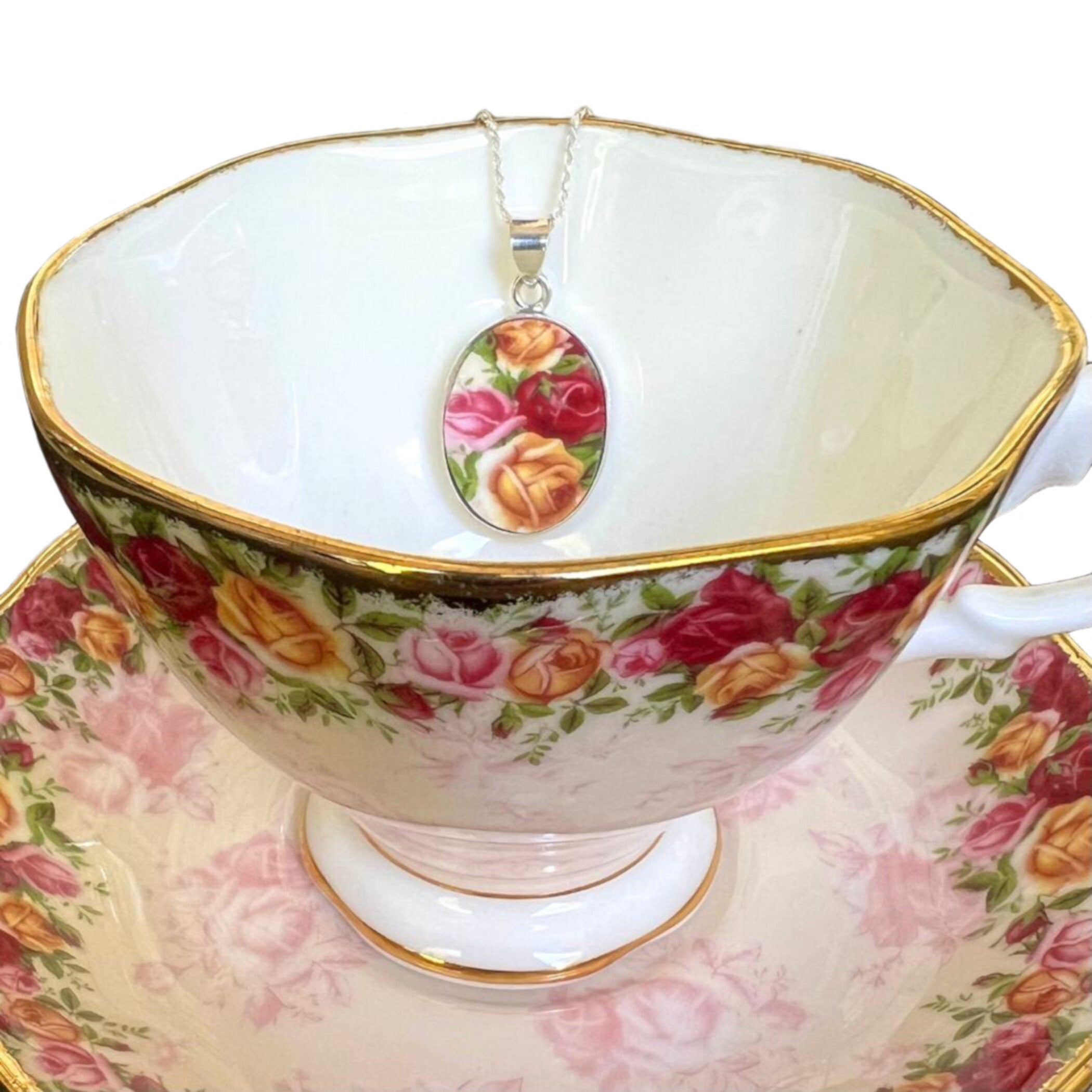Vintage Royal Albert Old Country Roses China Necklace handmade with Peach Damask China, Valentines Day OCR Broken China Jewelry Gift for Her