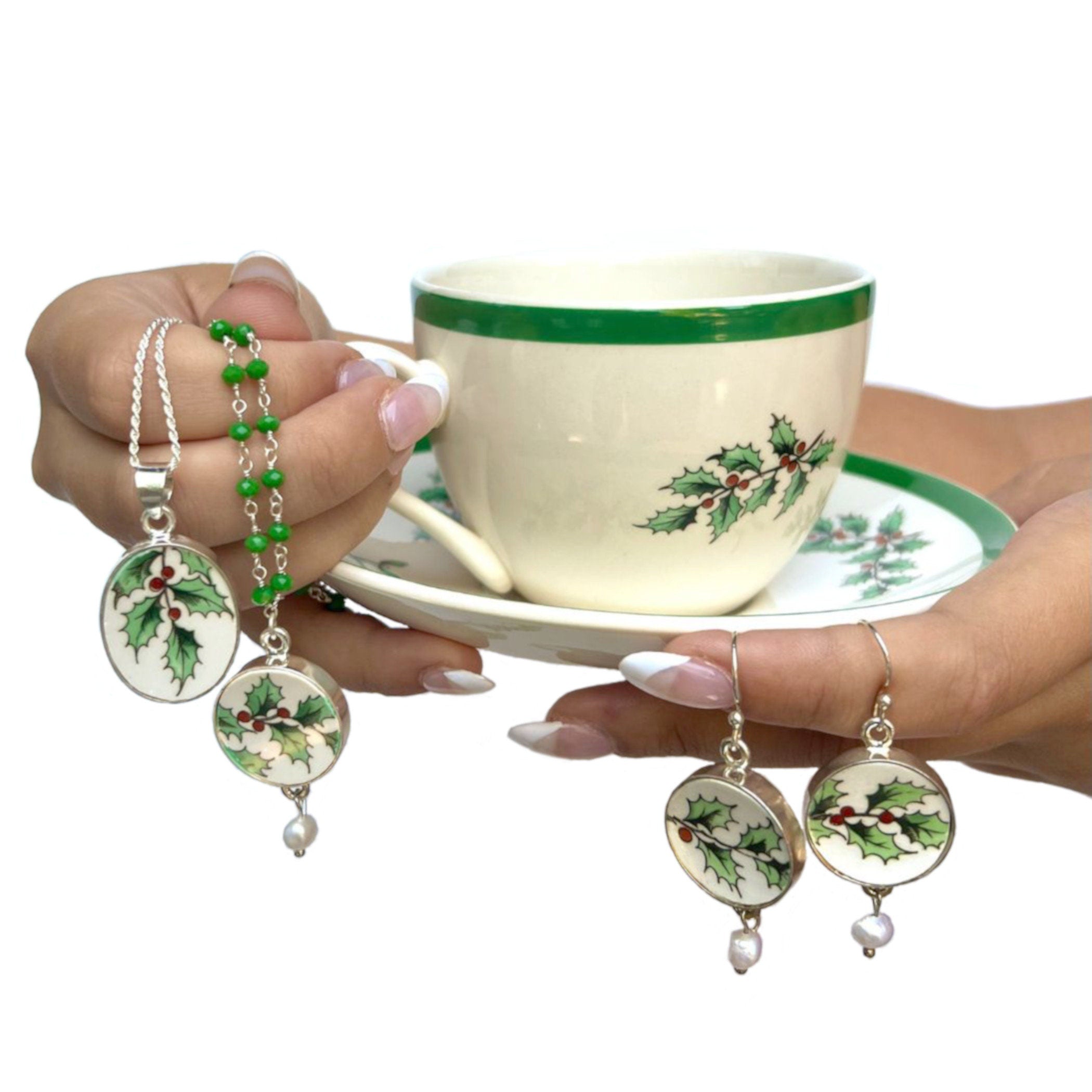 Vintage Spode Christmas Tree China Tea Cup and Saucer with Handmade Broken China Jewelry, Thoughtful Holiday China Gift for Christmas Lovers