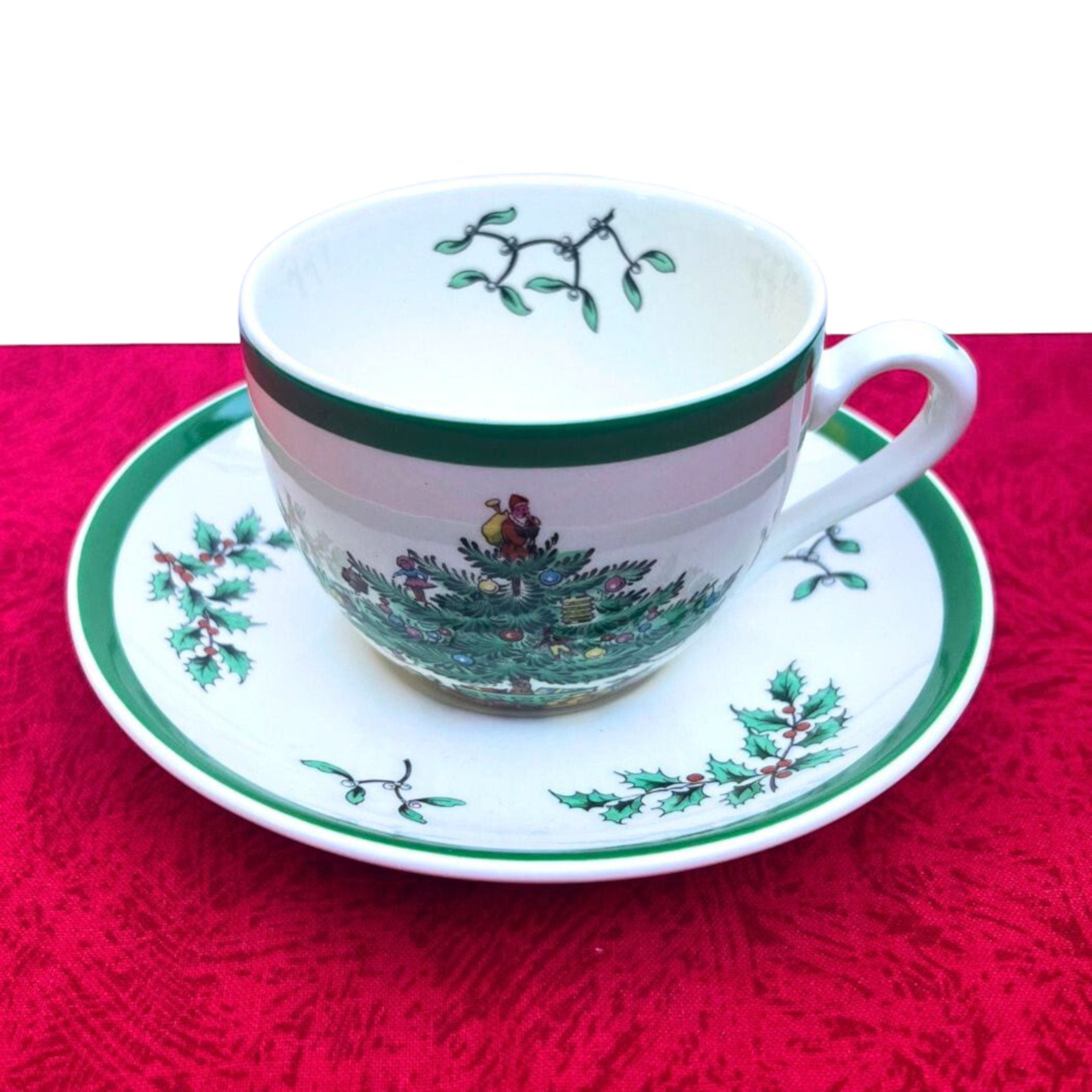 Vintage Spode Christmas Tree China Tea Cup and Saucer with Handmade Broken China Jewelry, Thoughtful Holiday China Gift for Christmas Lovers