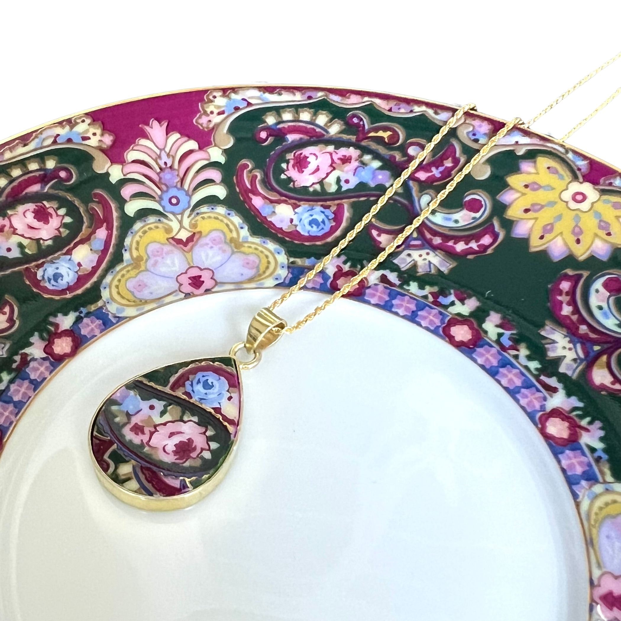 Stunning Rose Floral Paisley China Necklace with Upcycled Porcelain Teardrop Pendant, Elegant Broken China Jewelry China Gift for Women