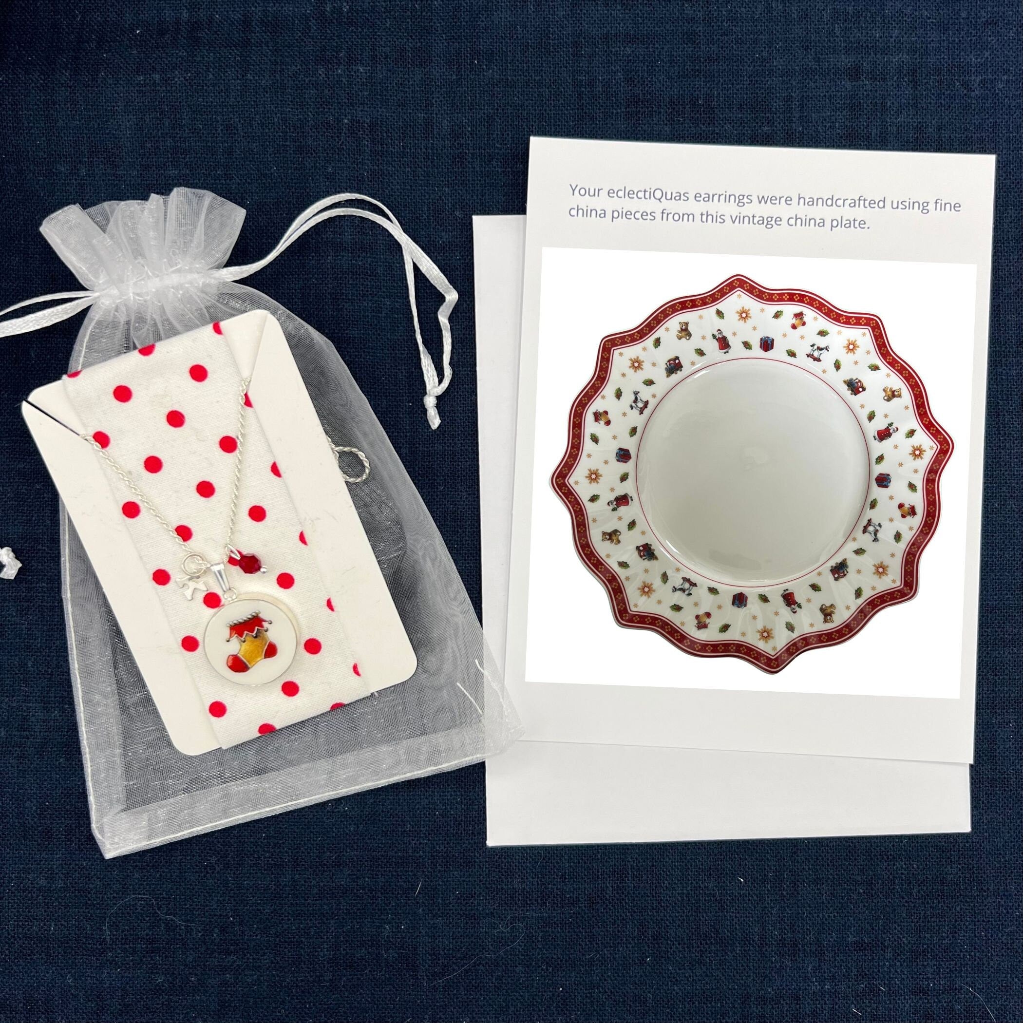 Christmas Broken China Jewelry Necklace handmade with Upcycled Villeroy and Boch Toy Delight China & Sterling Silver Initial Letter Charms