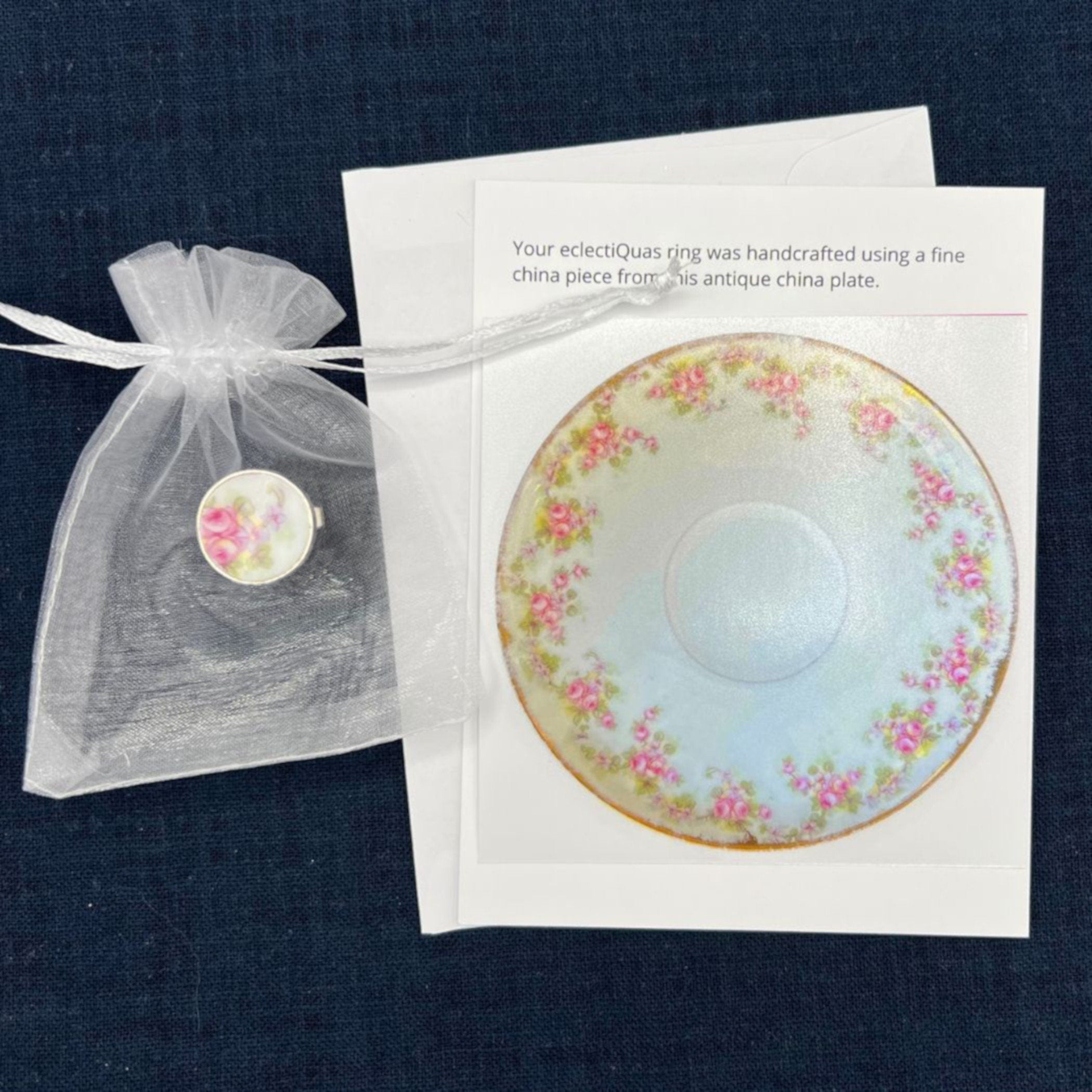 Vintage French Limoges Porcelain Pink Rose Floral Statement Ring handmade with Repurposed China, Broken China Jewelry Gift for Women