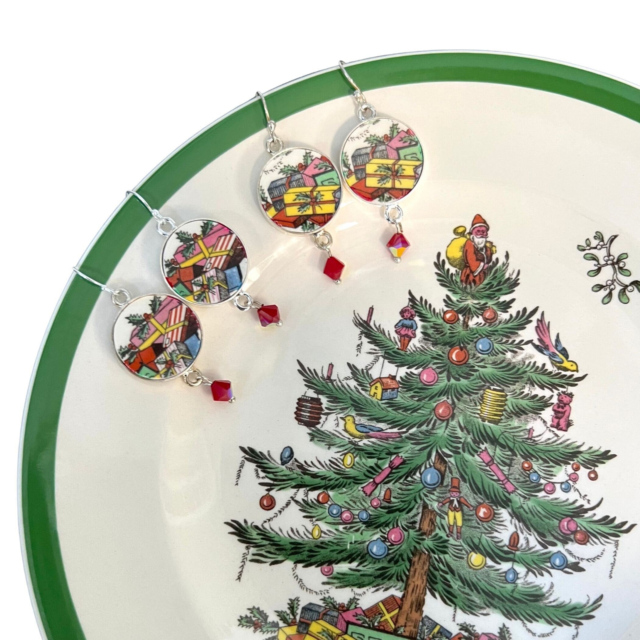 Vintage Spode Christmas Tree China Dangle Earrings handmade with Nostalgic Holiday China, Broken China Jewelry Gift for Christmas Lovers