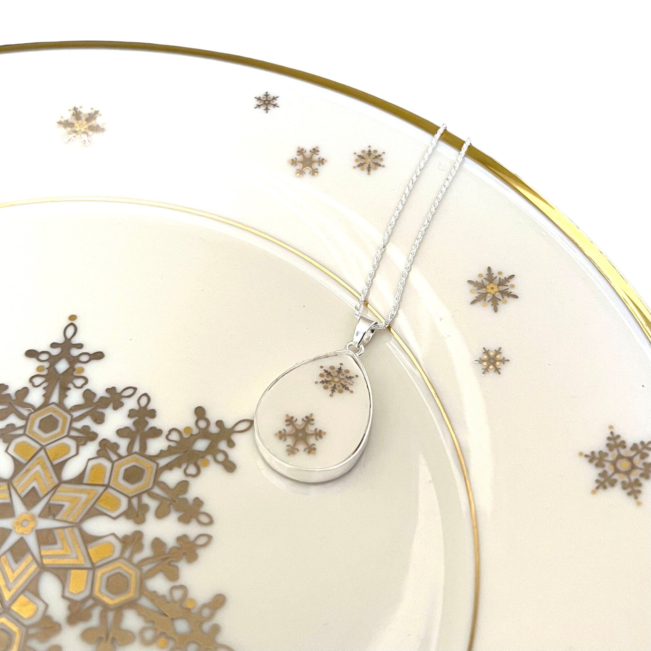 Vintage Lenox Eternal Christmas China Necklace handmade with Repurposed China, Holiday Sterling Silver Snowflake China Jewelry Gift for Her