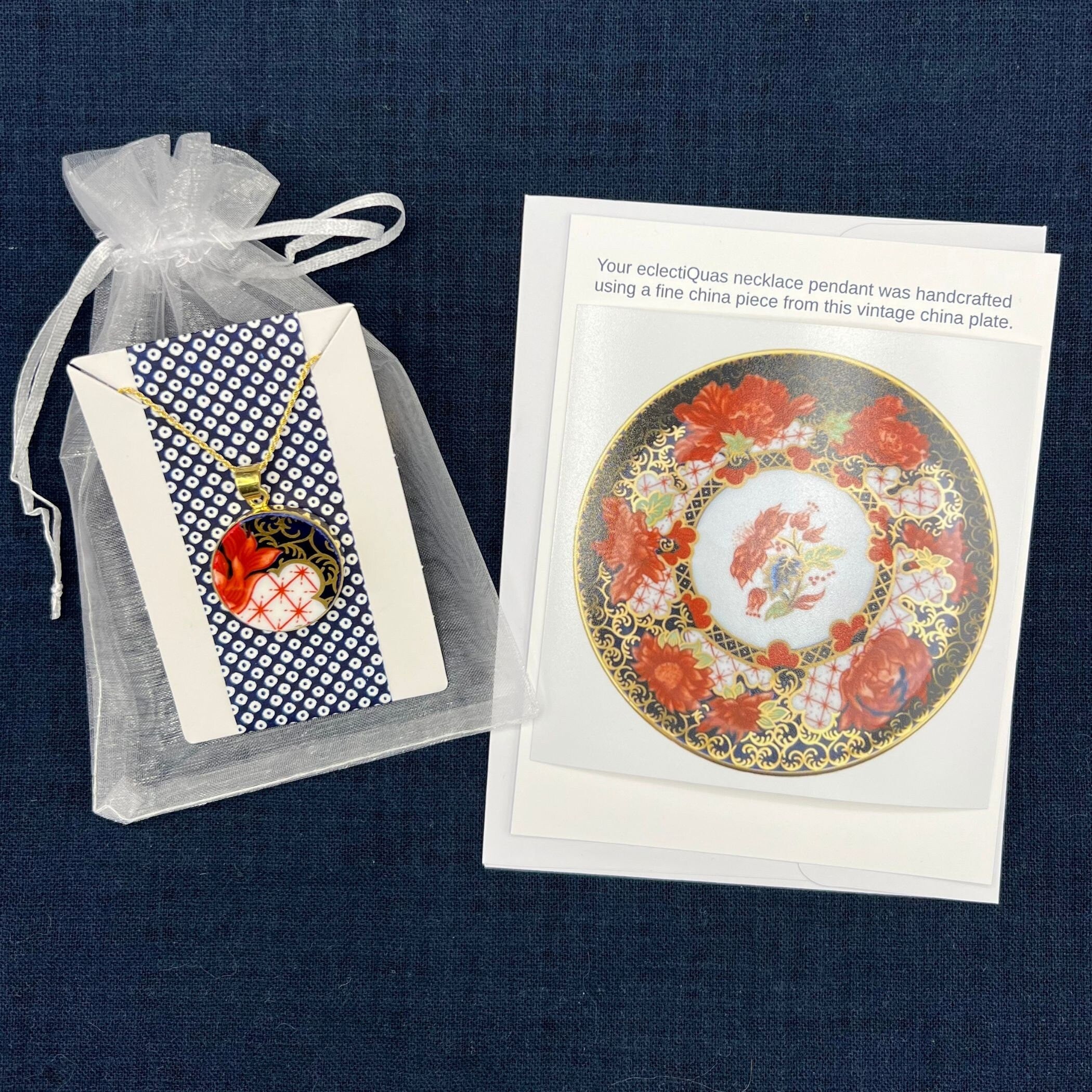 Bold Artisan Porcelain Necklace handmade with Royal Crown Derby Imari China, Upcycled Statement Jewelry Gift for Her 18th Anniversary Gift