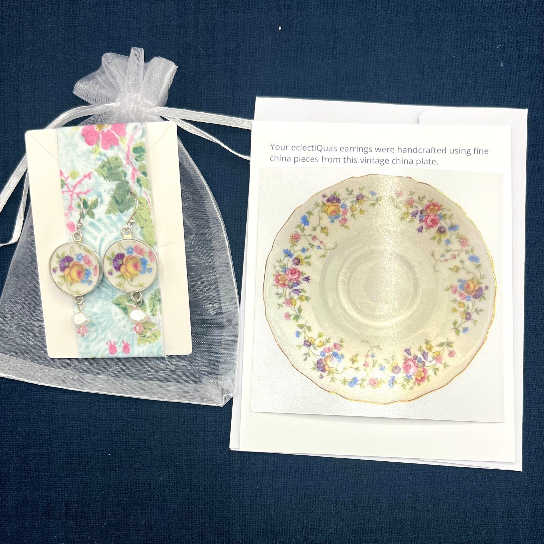 Dainty Floral China Earrings handmade with Upcycled Mitterteich Bavaria China & Fine Pearl Dangle, Vintage Broken China Jewelry Gift for Her