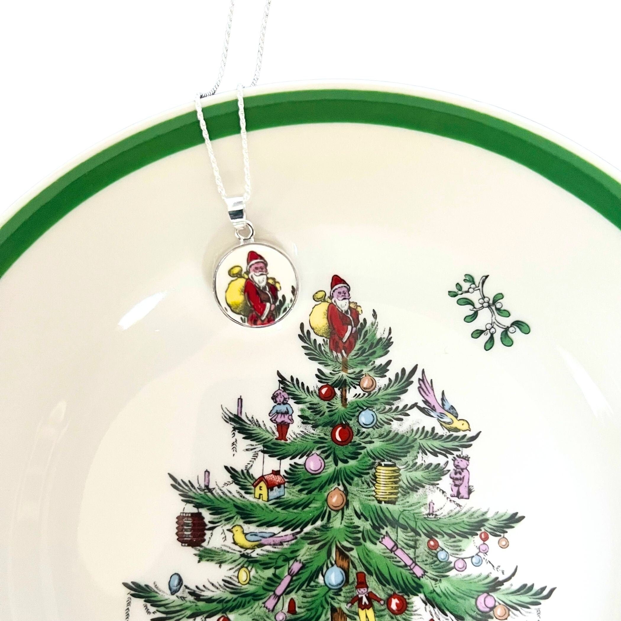 Vintage Santa Necklace handmade with Upcycled Spode Christmas Tree China, Nostalgic Holiday Broken China Jewelry Gift for Her This Christmas