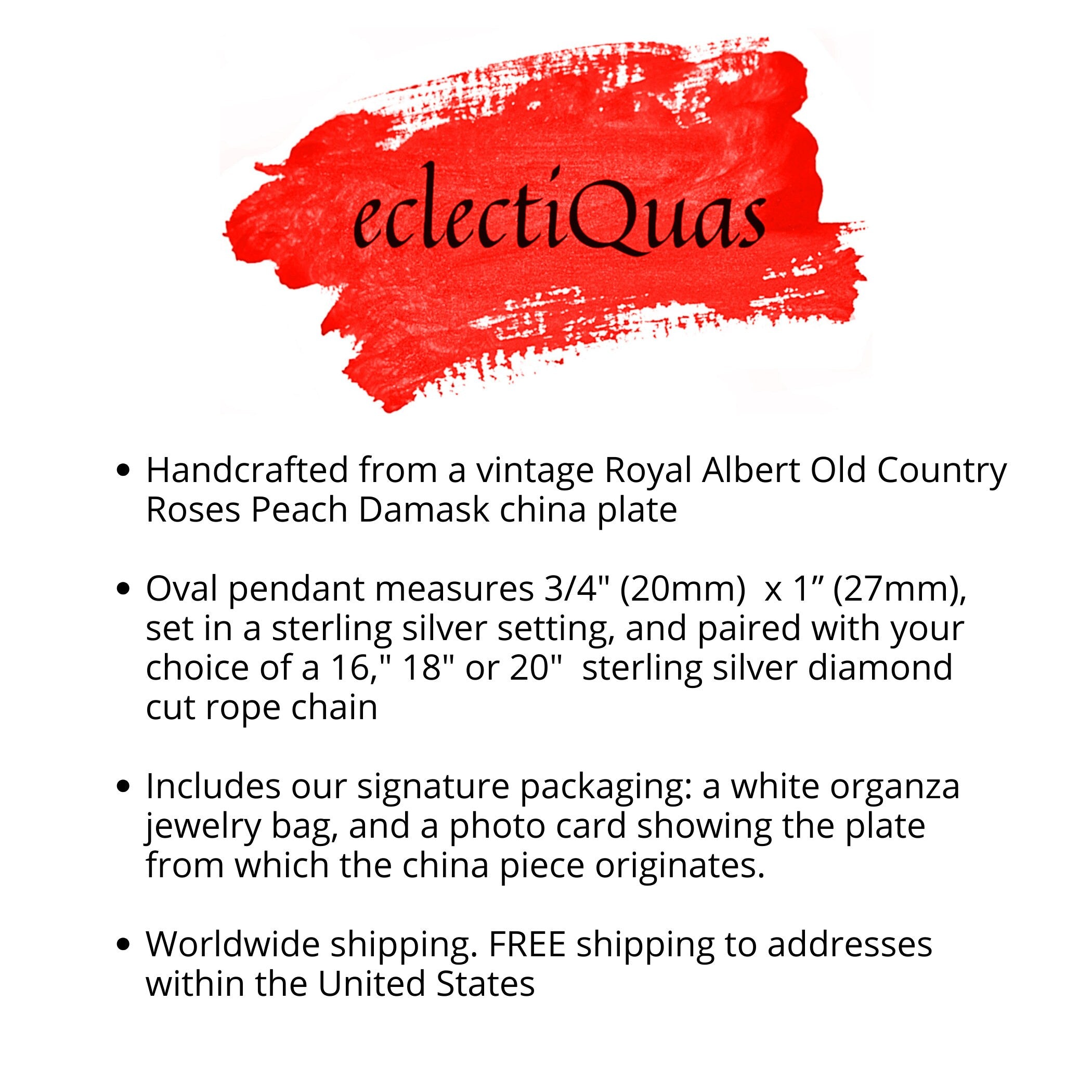 Vintage Royal Albert Old Country Roses China Necklace handmade with Peach Damask China, Valentines Day OCR Broken China Jewelry Gift for Her