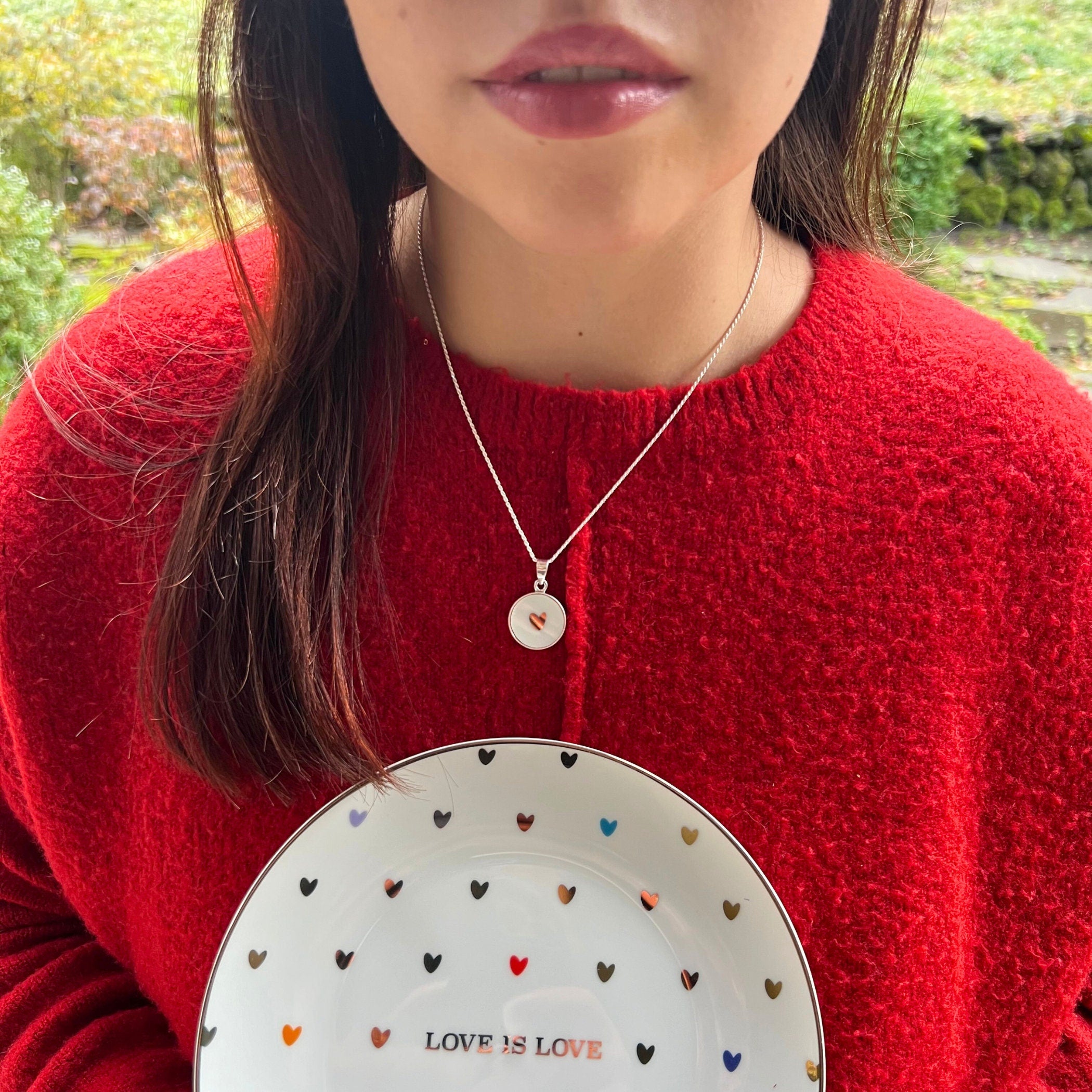 Dainty Rainbow Heart Necklaces handmade from an Upcycled Love is Love China Plate, Gay Pride Jewelry Queer LGBTQIA Lesbian Valentines Gift