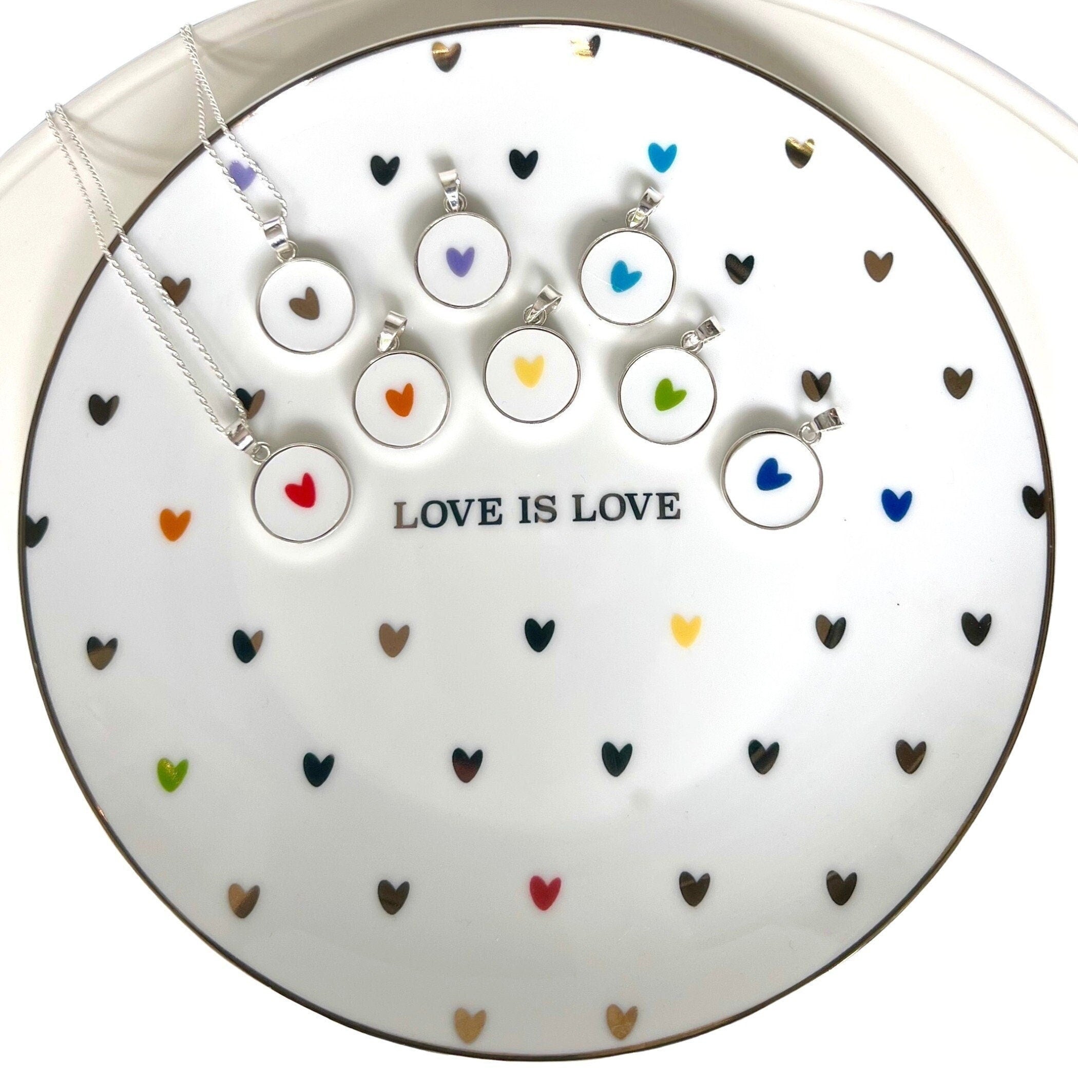 Dainty Rainbow Heart Necklaces handmade from an Upcycled Love is Love China Plate, Gay Pride Jewelry Queer LGBTQIA Lesbian Valentines Gift