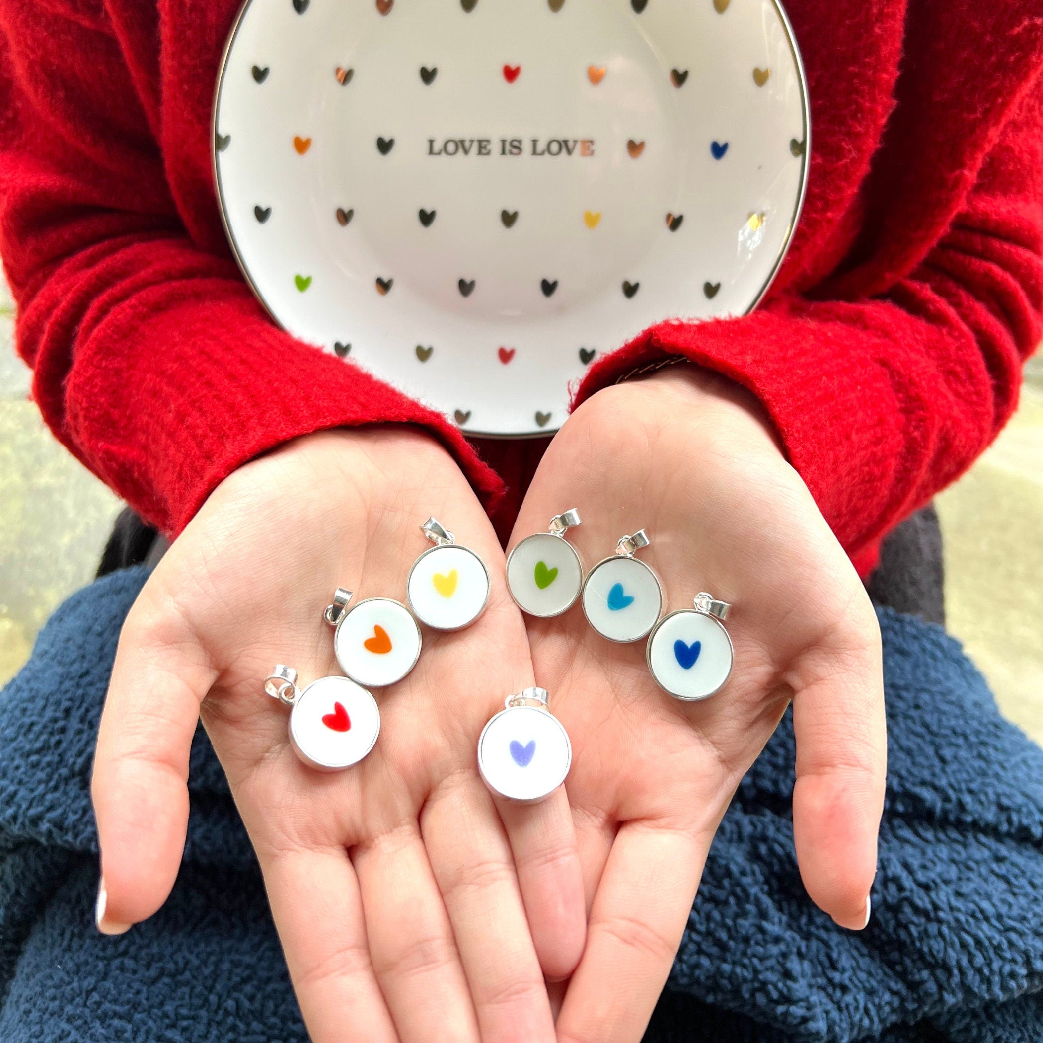 Dainty Rainbow Heart Necklaces handmade from an Upcycled Love is Love China Plate, Gay Pride Jewelry Queer LGBTQIA Lesbian Valentines Gift