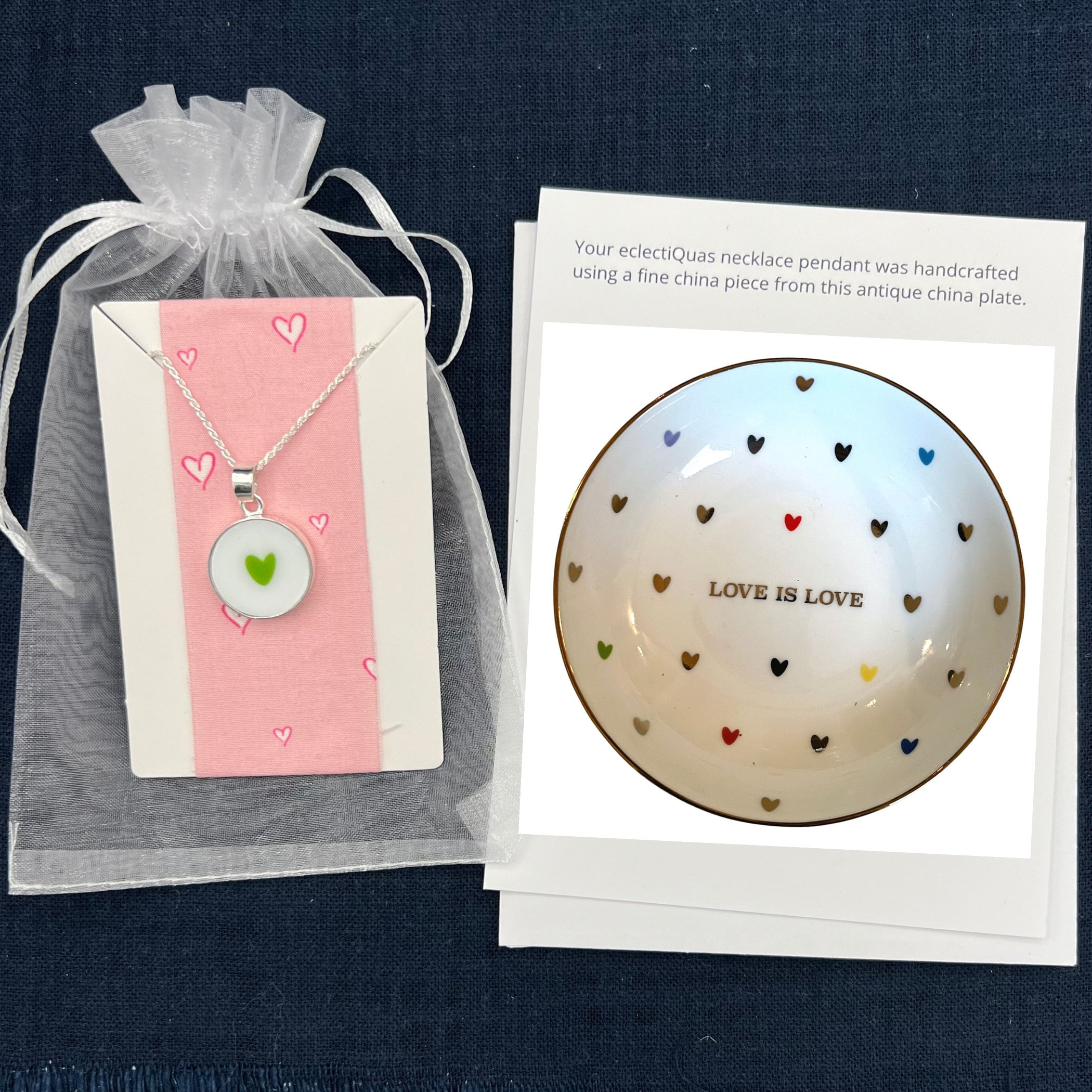 Valentines Dainty Heart China Pendant Necklaces handmade from Upcycled China & Sterling Silver, Vintage Broken China Jewelry Gift for Women