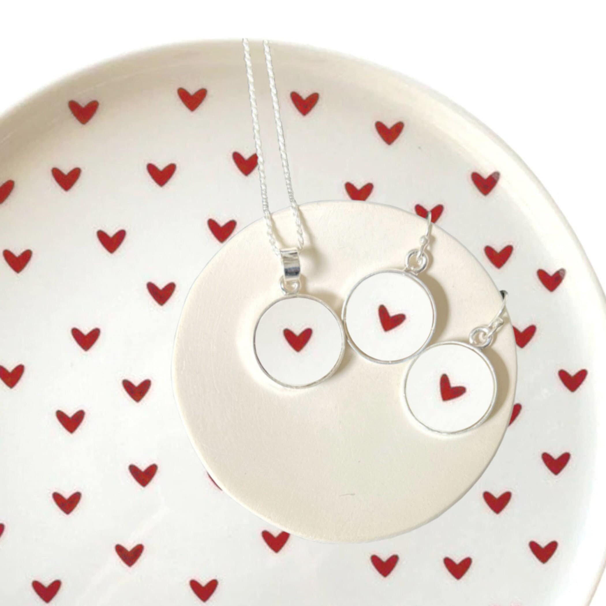 Charming Valentines Tiny Red Heart Broken China Jewelry Necklace or Earrings Gift for Her handmade with Repurposed China & Sterling Silver