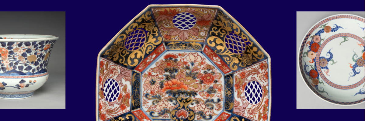 Ornate Japanese Imari porcelain collection featuring richly decorated plates and vessels with cobalt blue, iron red, and gold kinrande accents, representing classic Imari craftsmanship and export-era design.
