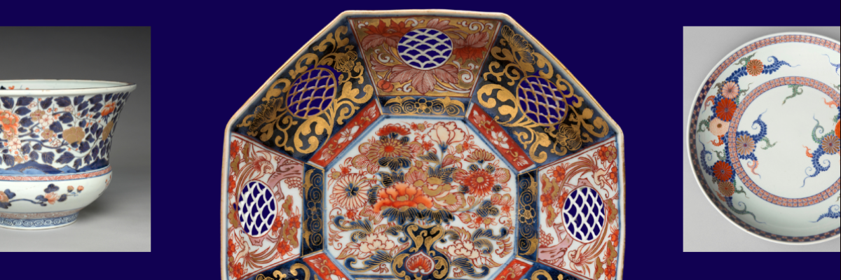 Ornate Japanese Imari porcelain collection featuring richly decorated plates and vessels with cobalt blue, iron red, and gold kinrande accents, representing classic Imari craftsmanship and export-era design.