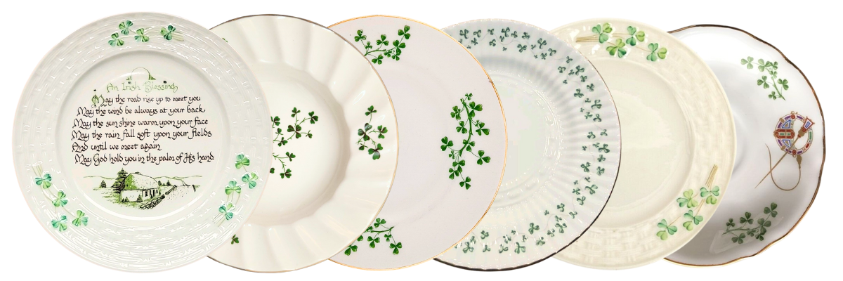 Six china plate examples of Irish porcelain, including 2 x Beleek, 2 x Arklow, Royal Tara and Carrigdhoun