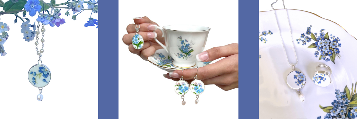 Handcrafted forget-me-not jewelry featuring blue floral patterns from vintage Staffordshire, Royal Albert, and Regency china set in sterling silver settings