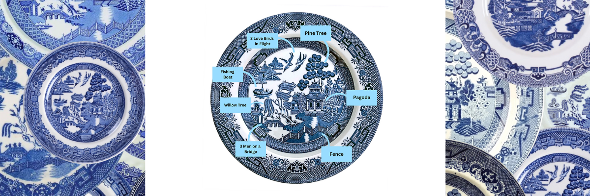 Visual storytelling, artistic expression, and cultural fusion, that defines the Blue Willow china pattern, through its iconic imagery of soaring birds, a willow tree, a pagodas, a boat, all within an exotic landscapes. 