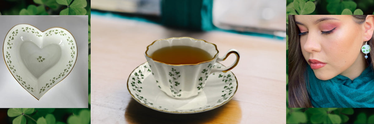 Royal Tara Shamrock China teacup, saucer, heart plate, and china earrings showcasing Irish aesthetic