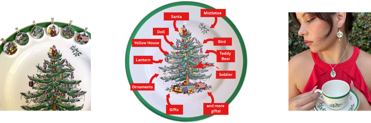 Spode Christmas Tree china plate with matching broken china jewelry pendant and earrings