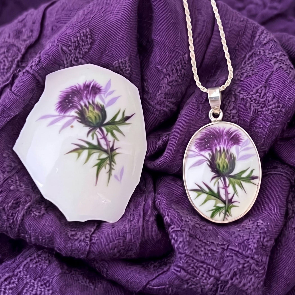 Scottish Thistle Necklace handmade from Vintage China, Purple Thistle Pendant in Sterling Silver