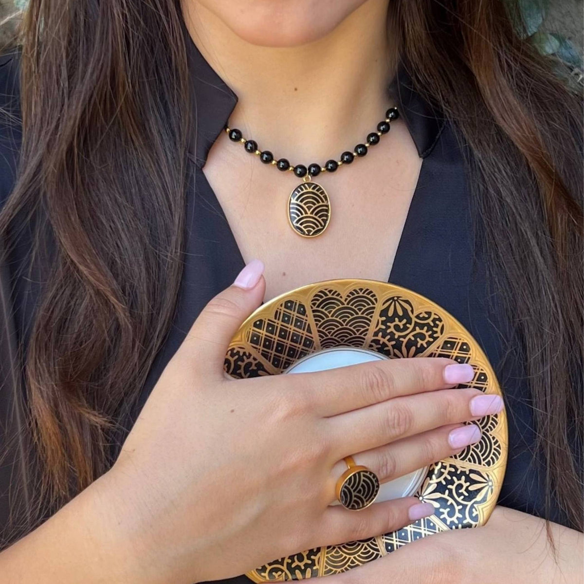 Fall Beaded Black Onyx Necklace with Black Gold Seigaiha Porcelain Pendant & Upcycled China Ring Set, Modern Vintage Porcelain Jewelry Gift