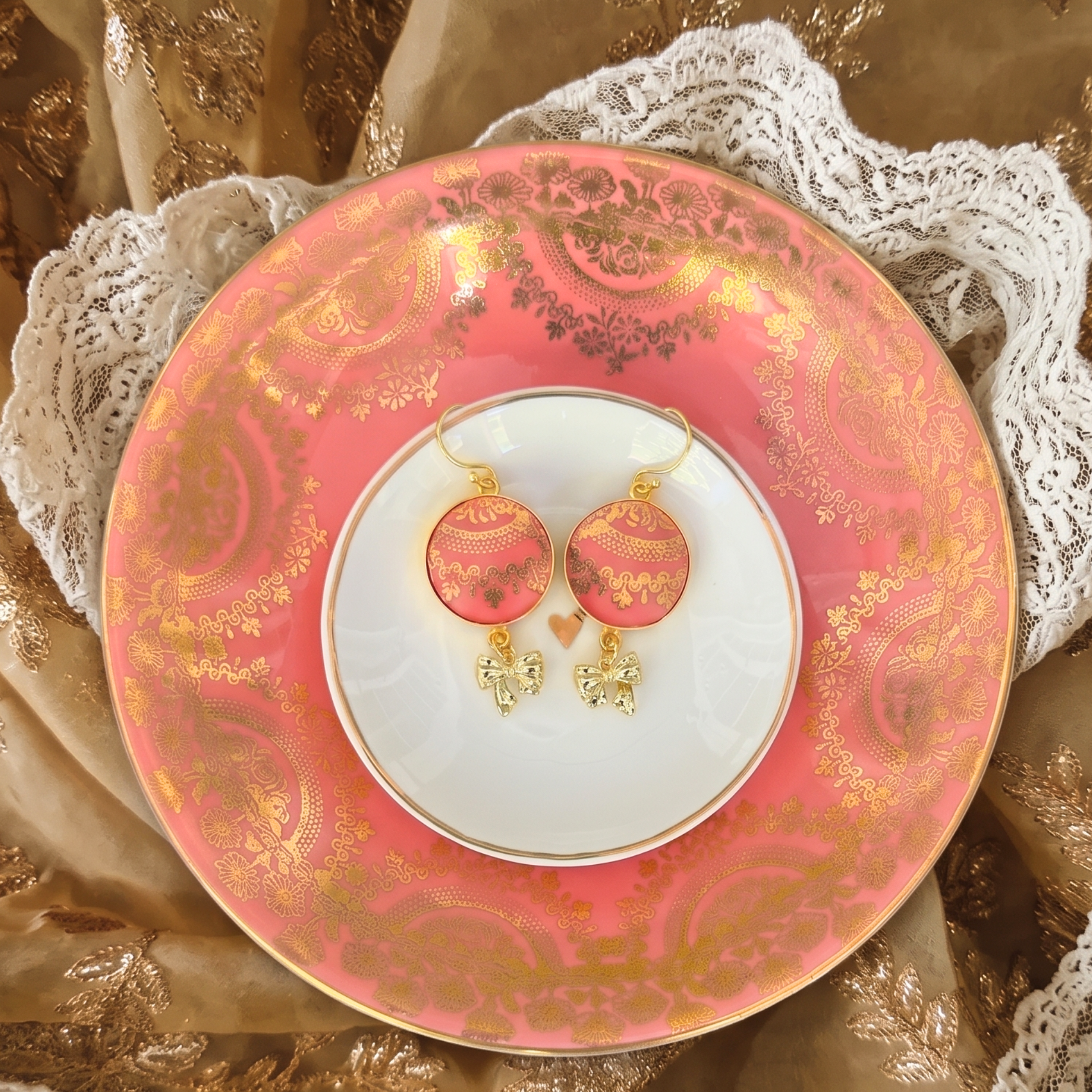Coquette Upcycled China Earrings handmade with Tiny Gold Bow Dangles