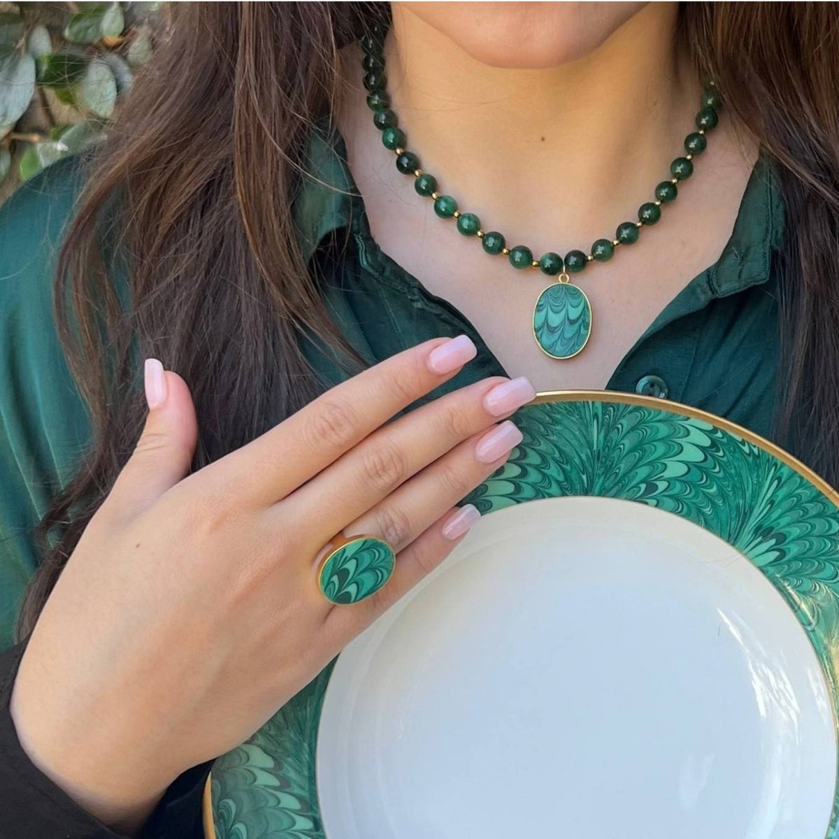 Emerald Green Beaded Necklace with Upcycled Porcelain Pendant & Oval Statement China Ring, Artisan Vintage China Jewelry Set Gift for Women