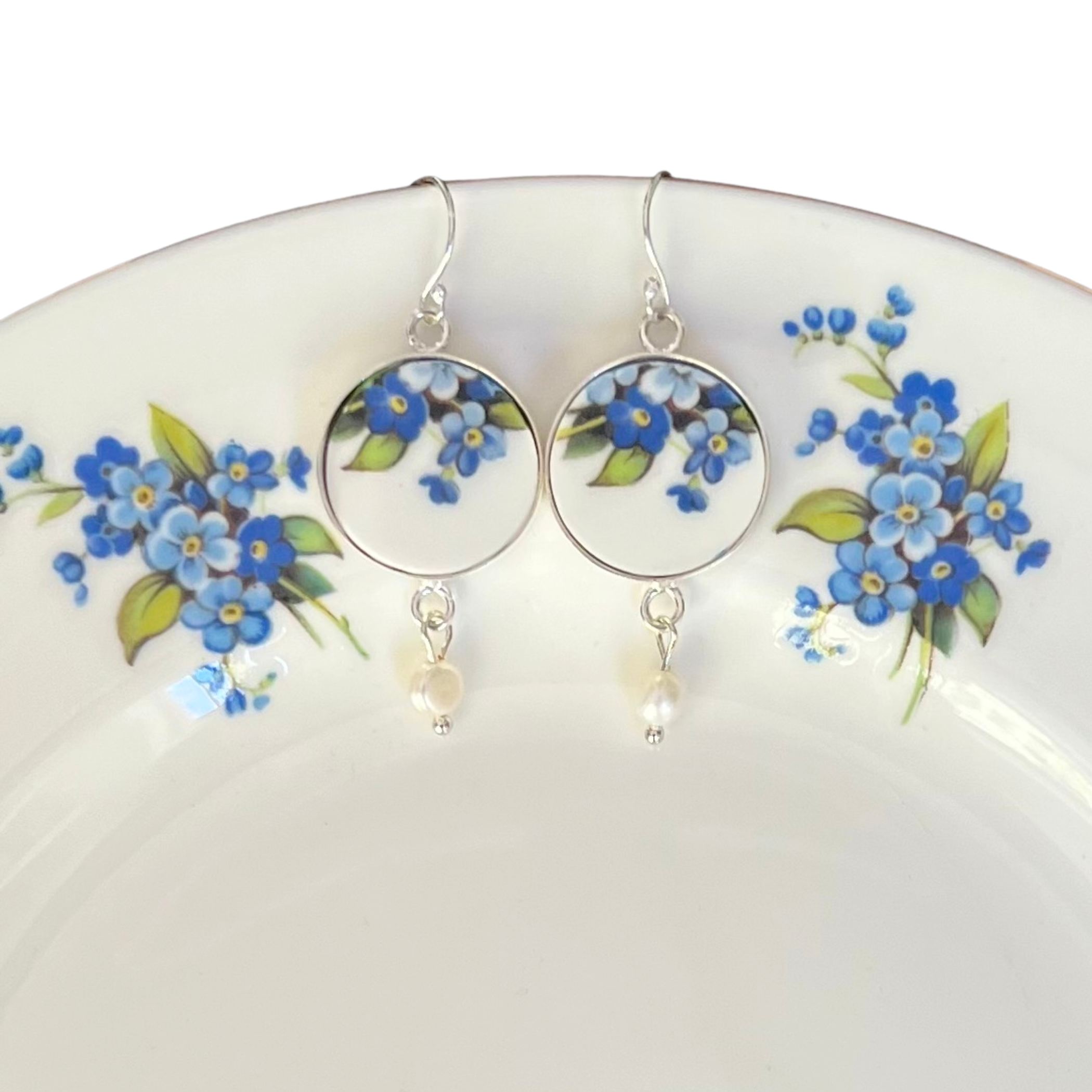 Forget Me Not Broken China Jewelry Earrings with Dainty Blue Flowers