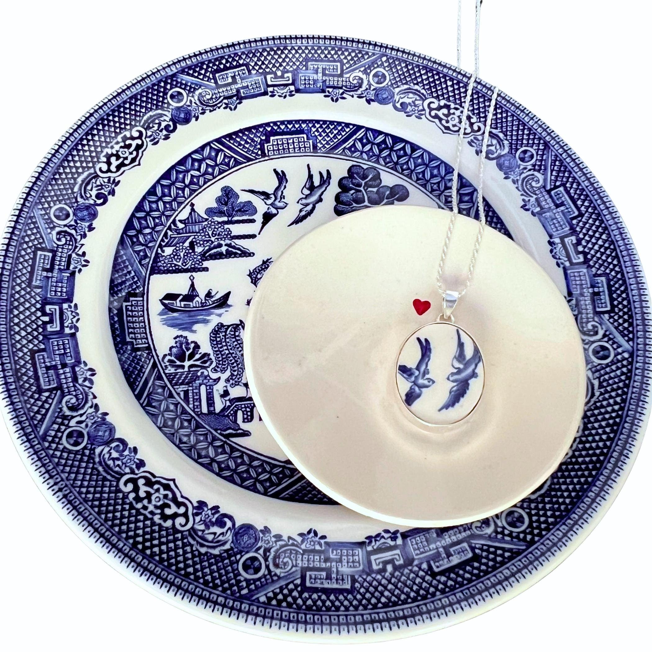 Romantic Love Birds pendant with Blue Willow china necklace, Blue and White Chinoiserie Thoughtful anniversary gift for wife